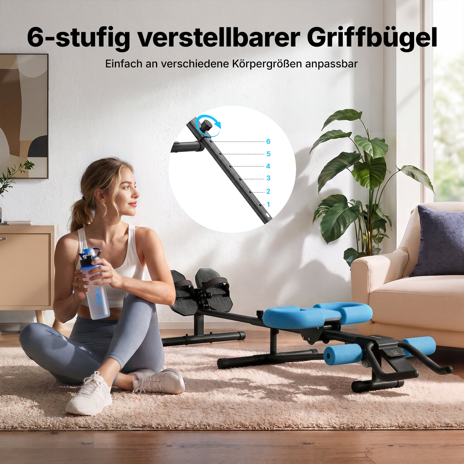 Frau sitzt neben Fitnessgerät mit verstellbarem Griffbügel und Wasserflasche.