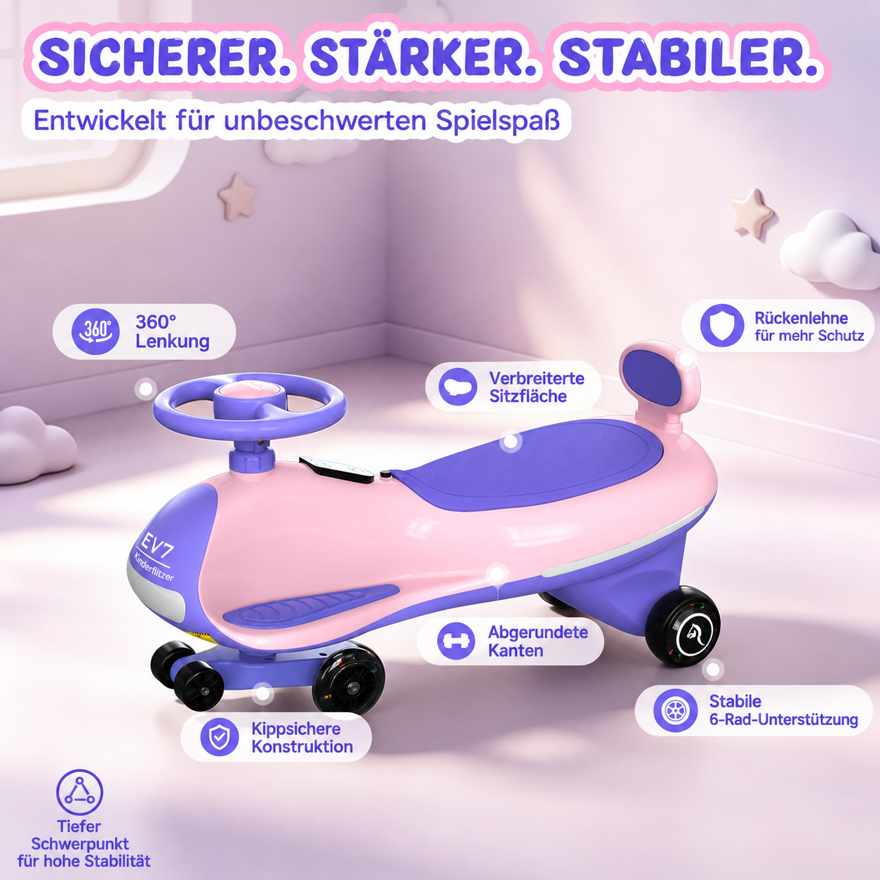 Rosa-lila Kinder-Wiggle-Car mit Lenkrad, Rückenlehne und Sicherheitsfeatures in einem hellen Kinderzimmer.