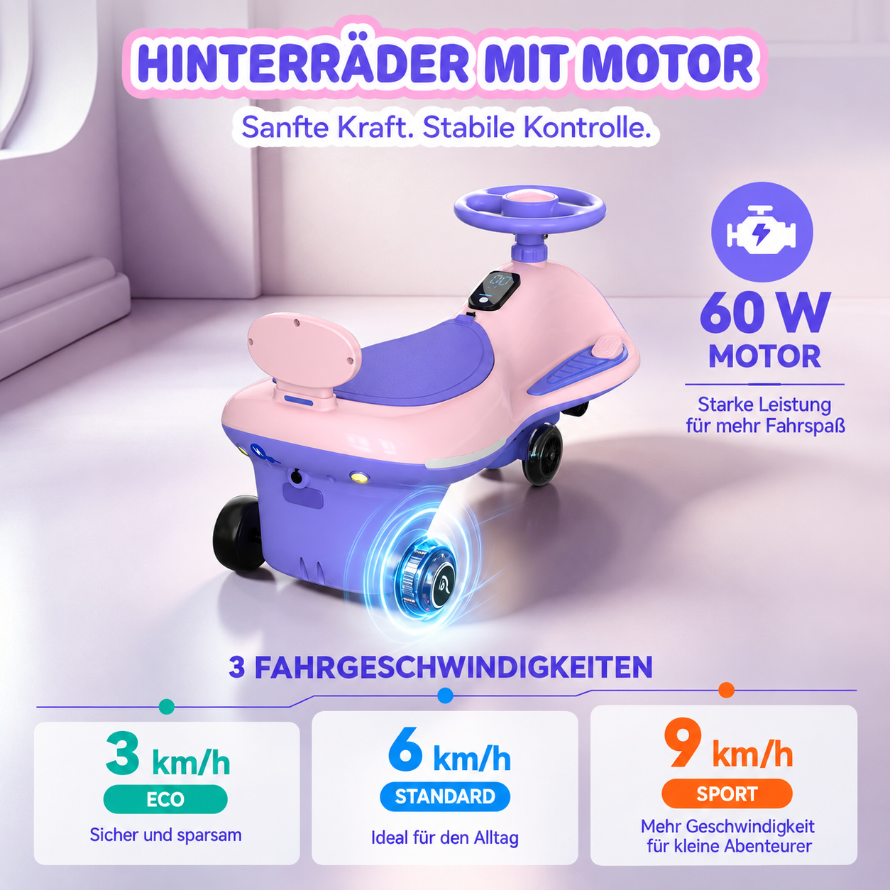Rosa und lila Kinder-Rutschauto mit Motor, 3 Geschwindigkeiten und hellen Grafiken.
