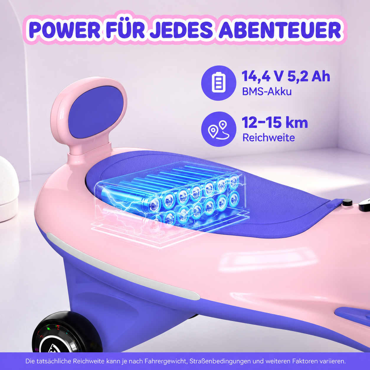 Rosa und blauer Kinder-Rutschwagen mit sichtbarem Akku, Text und Symbolen.
