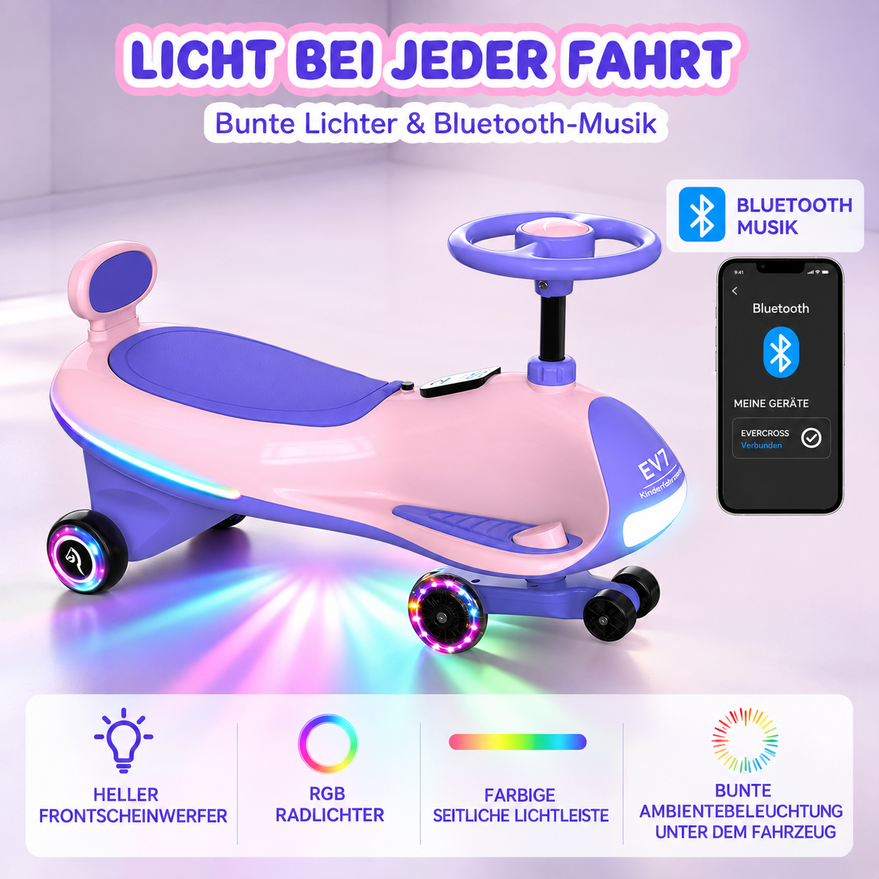 Rosa und lila Kinder-Rutschauto mit leuchtenden RGB-Rädern und Bluetooth-Musikfunktion, angezeigt mit einem Smartphone.
