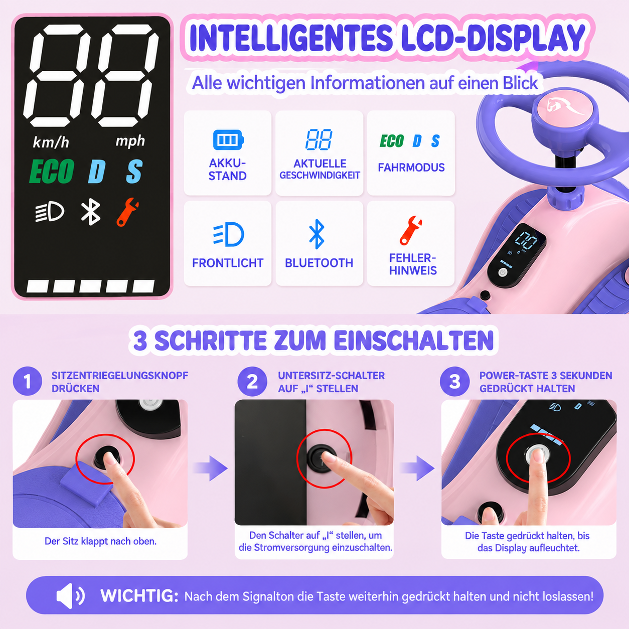 Anleitung für das LCD-Display und die 3 Schritte zum Einschalten eines pinken Kinderautos.