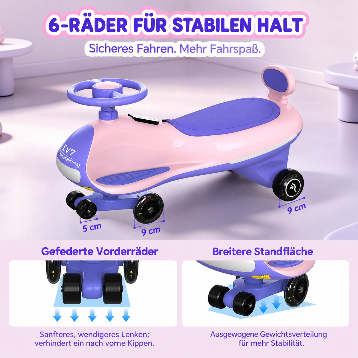Ein rosafarbenes und violettes Kinderfahrzeug mit sechs Rädern, Lenkrad und ergonomischem Sitz in einem hellen Raum.