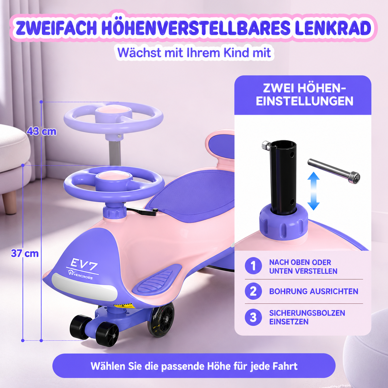 Rosa-lila Kinder-Wanderrutscher mit verstellbarer Lenkradhöhe.