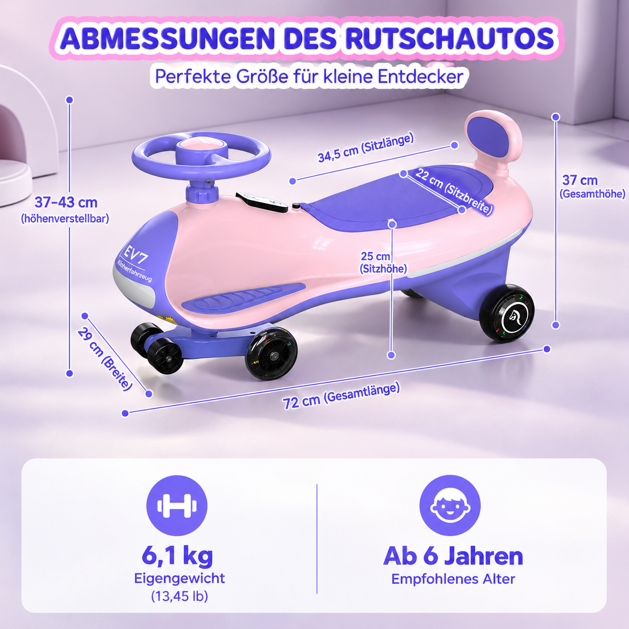 Rosa und lila Kinder-Rutschauto mit Maßen, Gewicht von 6,1 kg und Altersempfehlung ab 6 Jahren.