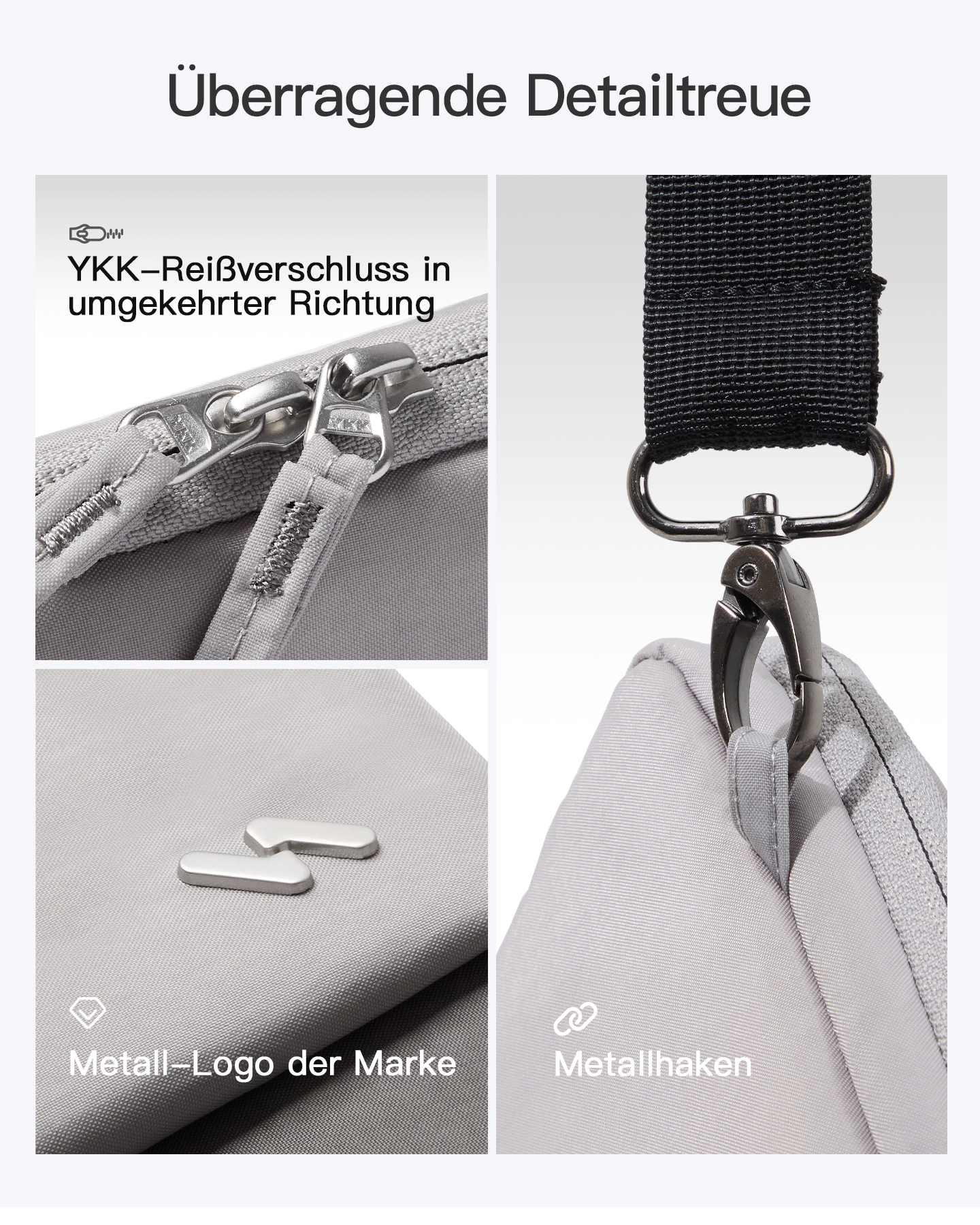 Details einer grauen Tasche: YKK-Reißverschluss, Metall-Logo und Metallhaken am Schultergurt.