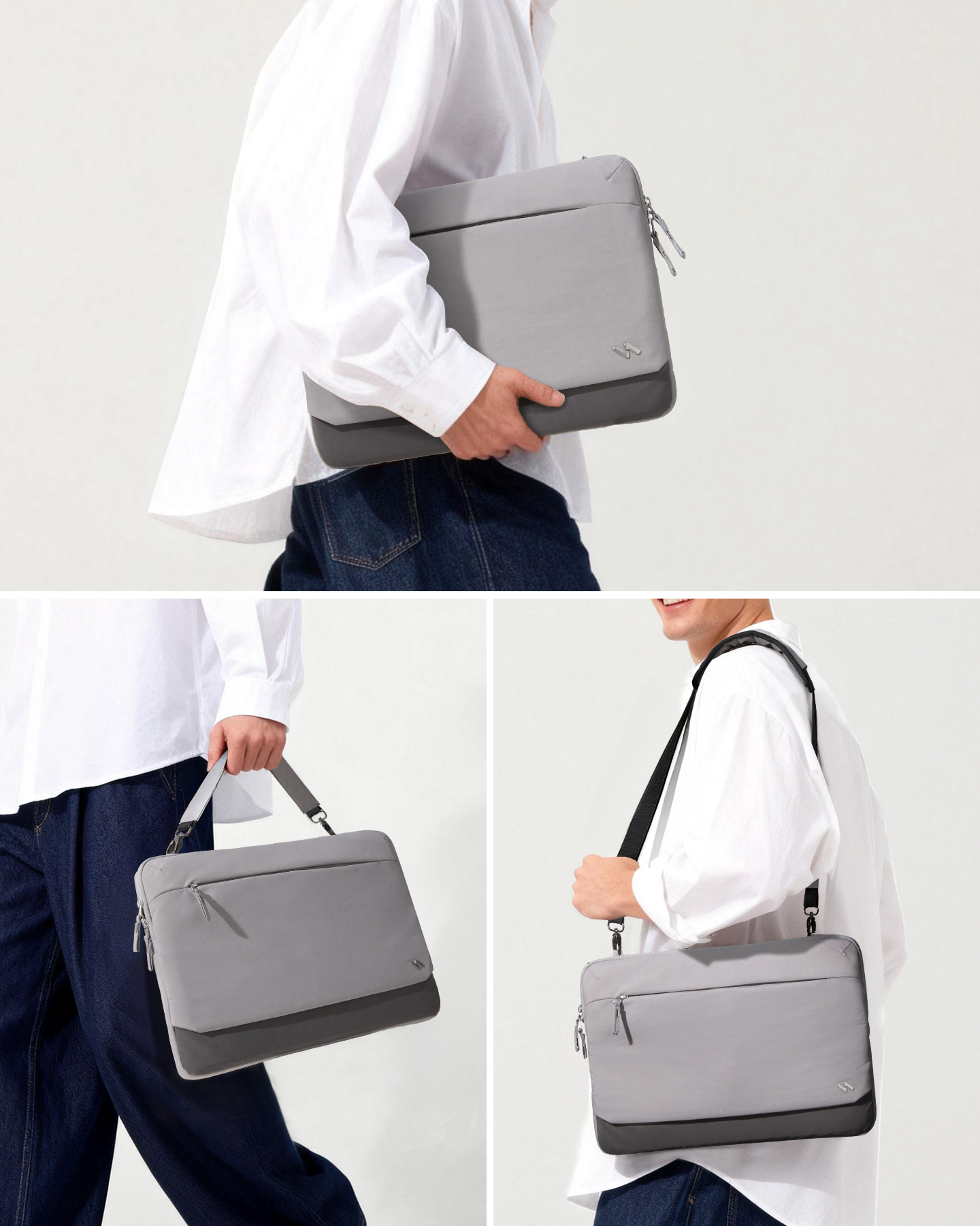 Eine Person im weißen Hemd trägt eine graue Laptoptasche auf verschiedene Weisen vor einem hellen Hintergrund.
