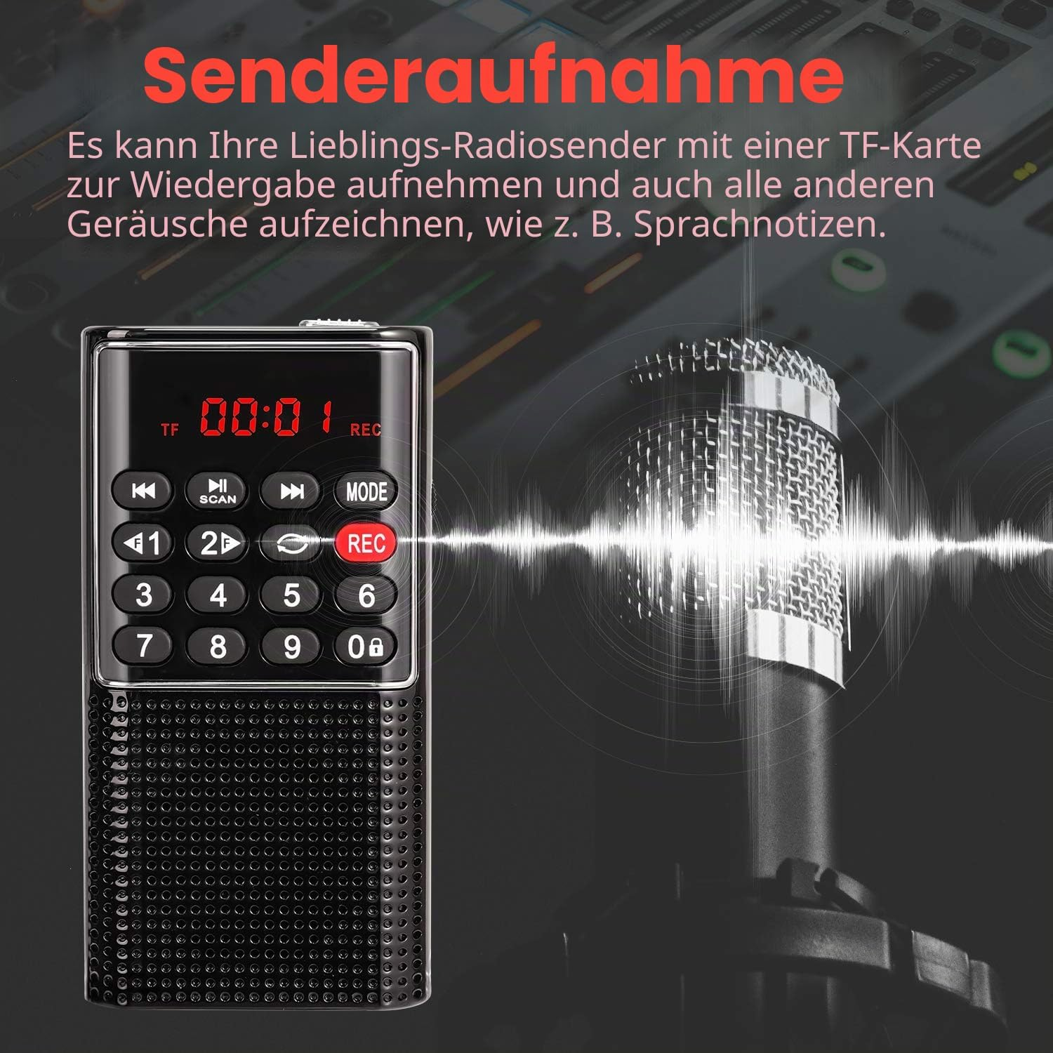 Ein tragbares Aufnahmegerät mit Tastenfeld und Mikrofon im Hintergrund zeigt die Senderaufnahme-Funktion.