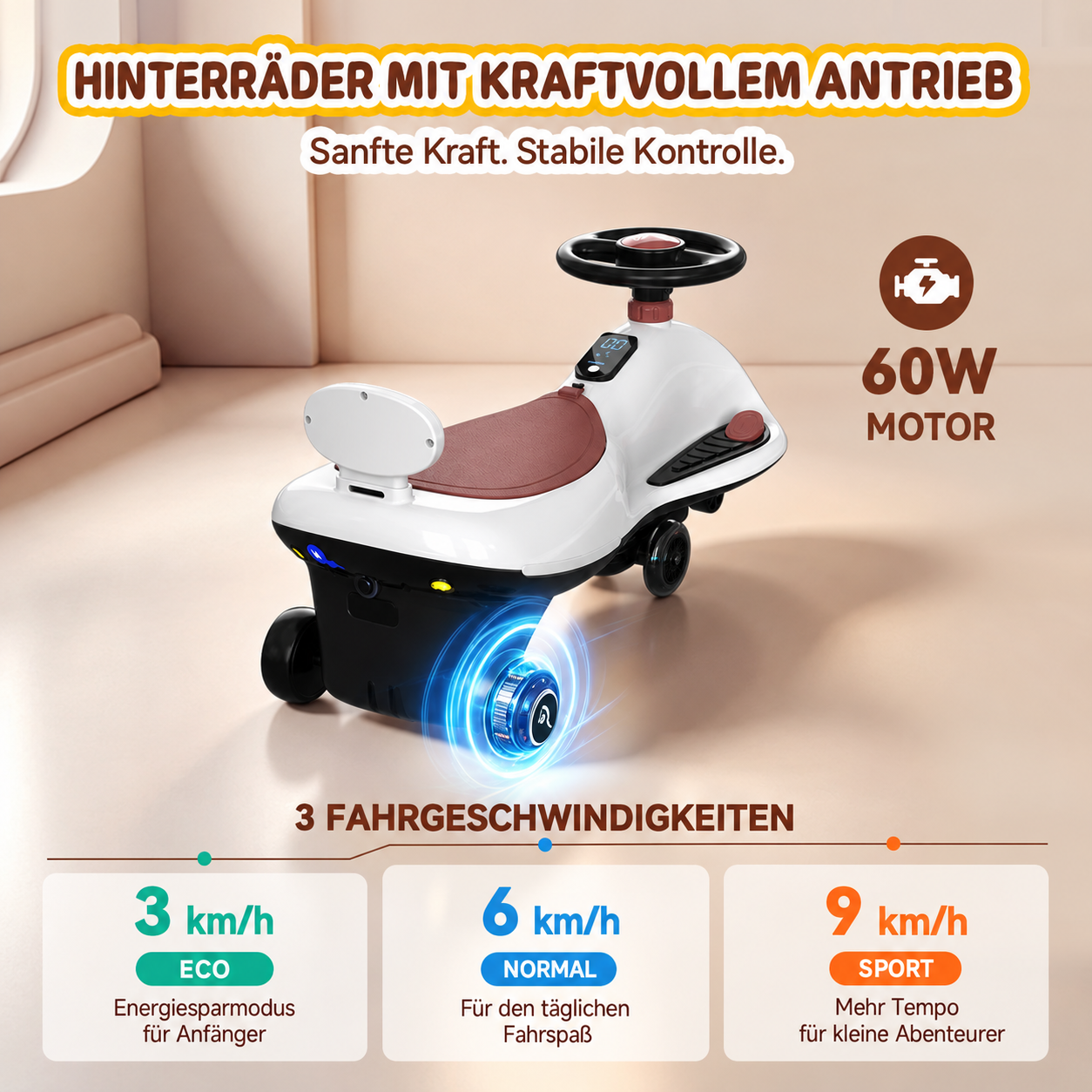 Ein weiß-rotes Kinderauto hat einen 60W Motor und drei Geschwindigkeiten bis 9 km/h.