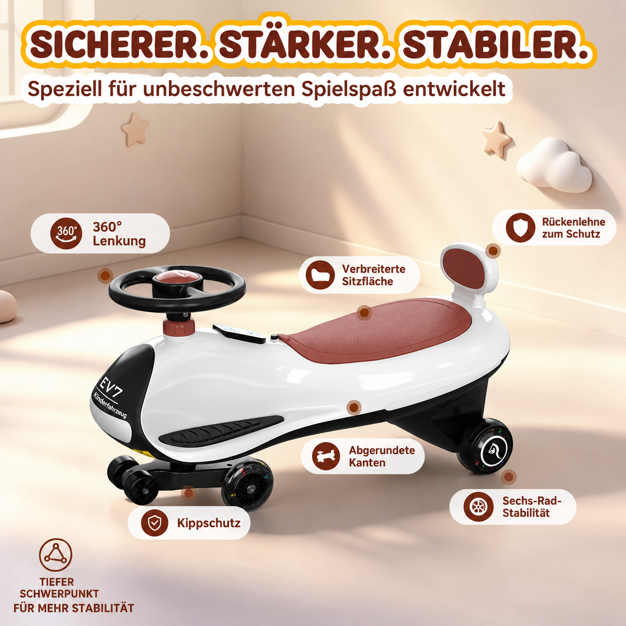 Ein weiß-rotes Kinderfahrzeug mit Schilderung seiner Sicherheitsmerkmale auf gelbem Hintergrund.