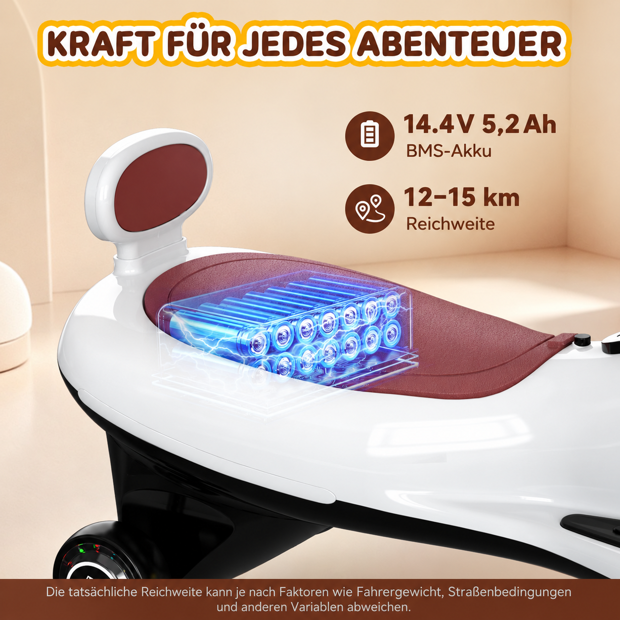 Ein weißer Kinderroller mit roten Sitzen, Batterieinfografik und Text oben und unten.
