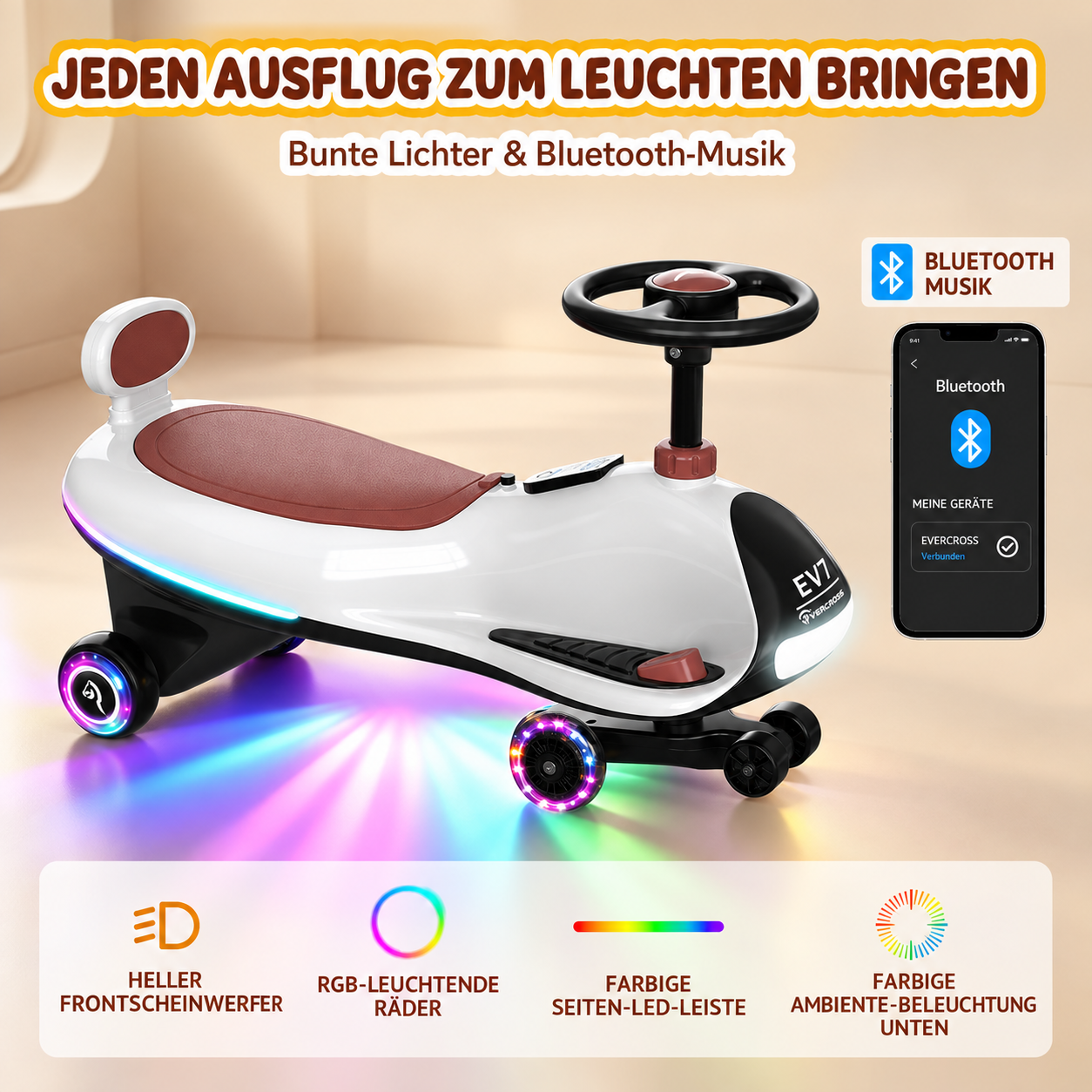 Ein weiß-rotes Kinder-Wutschaukelauto mit bunten LED-Lichtern, Lenkrad und Bluetooth-Funktion auf beigem Hintergrund.