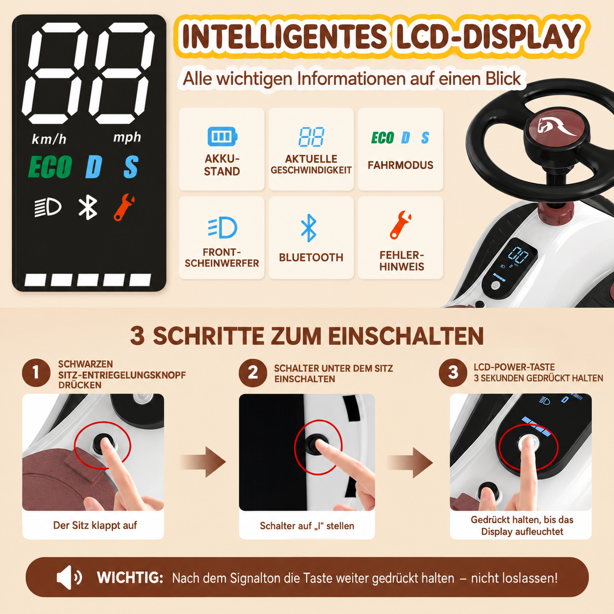 Anleitung für das LCD-Display und die 3 Schritte zum Einschalten eines Kinderfahrzeugs.