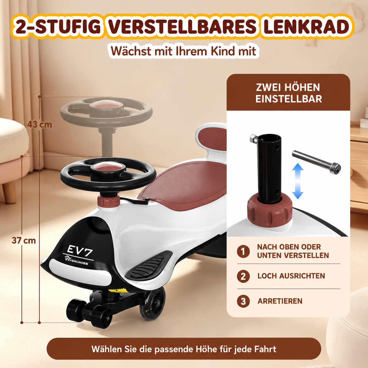 Ein weißes Kinderfahrzeug mit verstellbarem Lenkrad und roten Details in einem Raum.