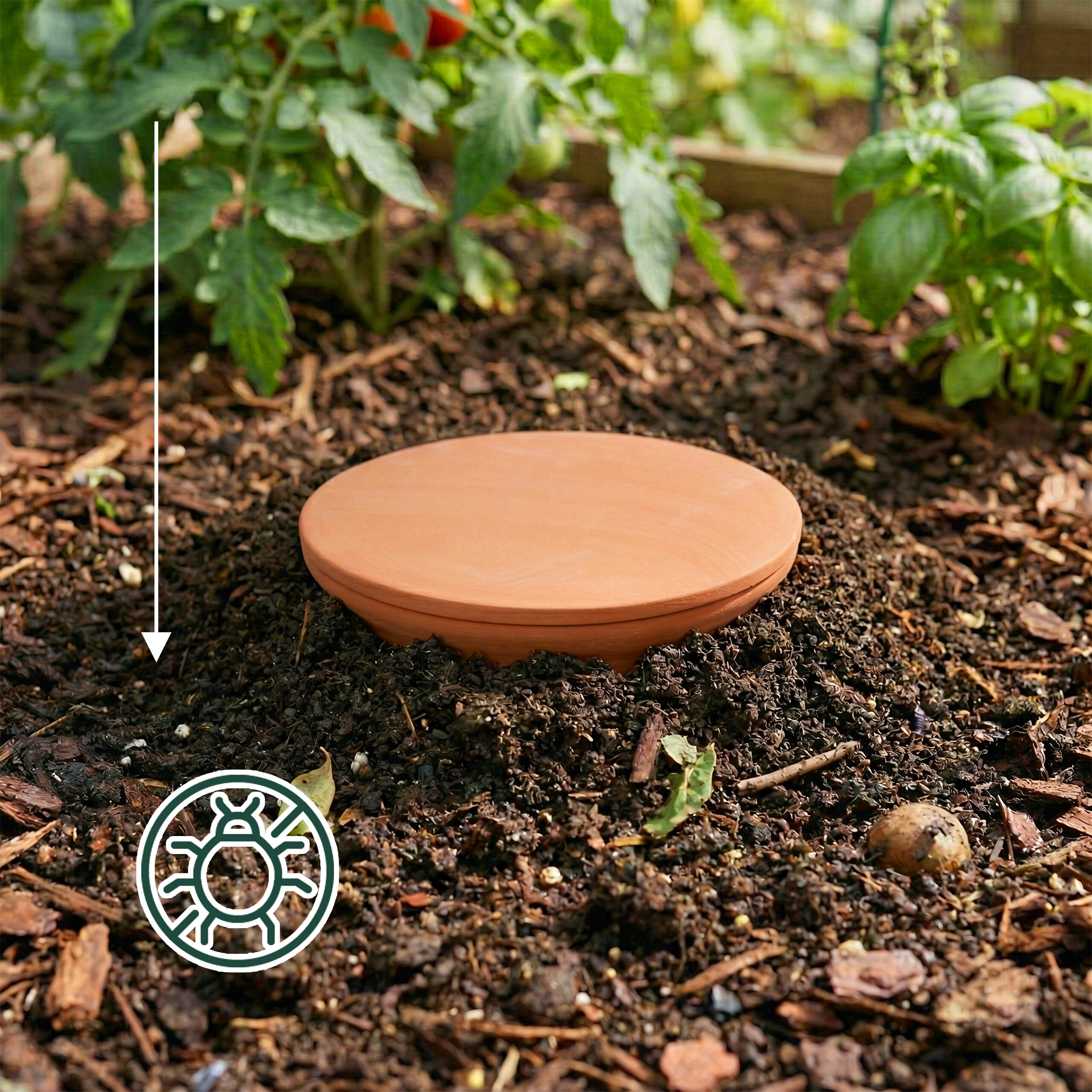 Eine Terrakottafalle liegt in Gartenerde unter Pflanzen, mit einem Pfeil und einem Insektensymbol.