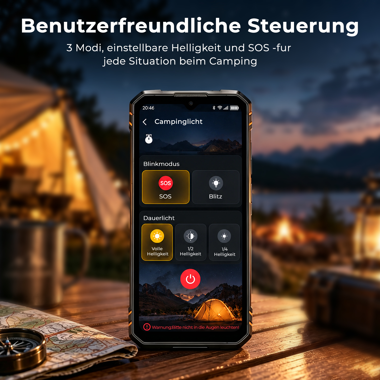 Smartphone auf Holztisch zeigt Campinglicht-Steuerungs-App vor verschwommenem Zeltlagerhintergrund.