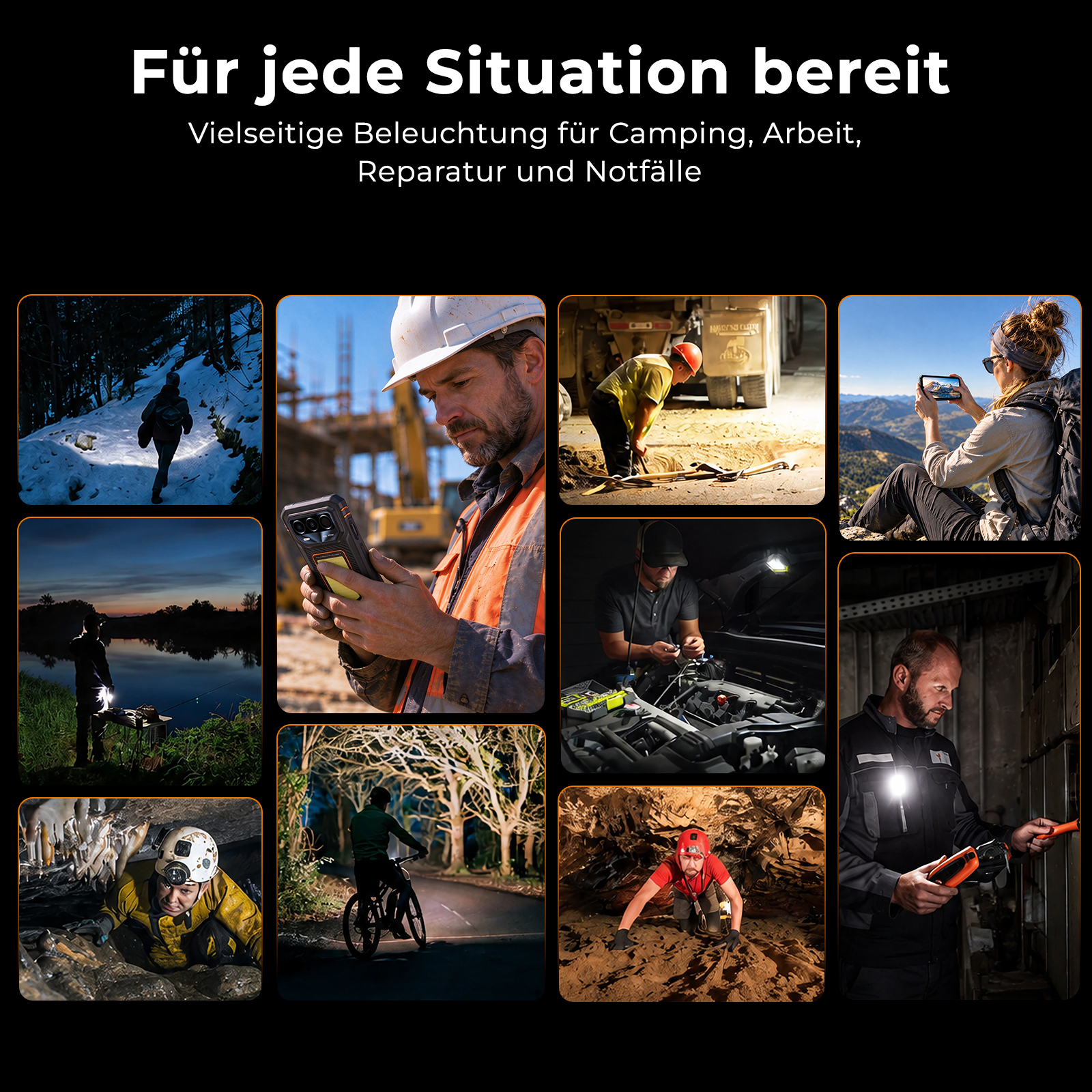 Verschiedene Szenen zeigen Menschen bei der Nutzung von robusten Geräten und Lampen im Freien und bei der Arbeit.