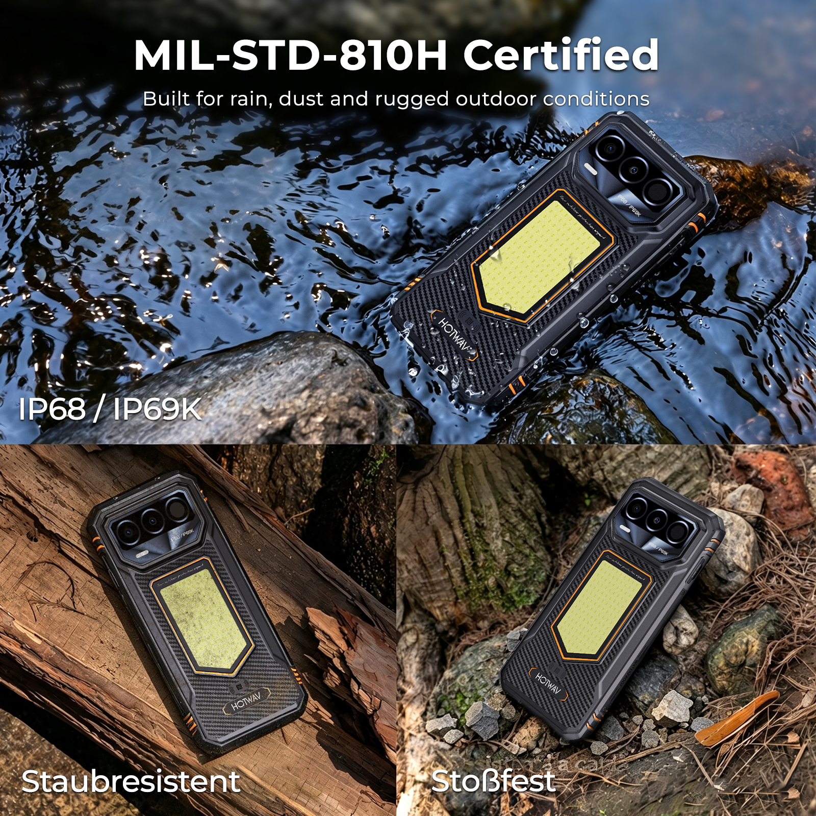 Robustes Smartphone im Freien in Wasser, auf Holz und Steinen, zur Demonstration von Wasser- und Staubresistenz.