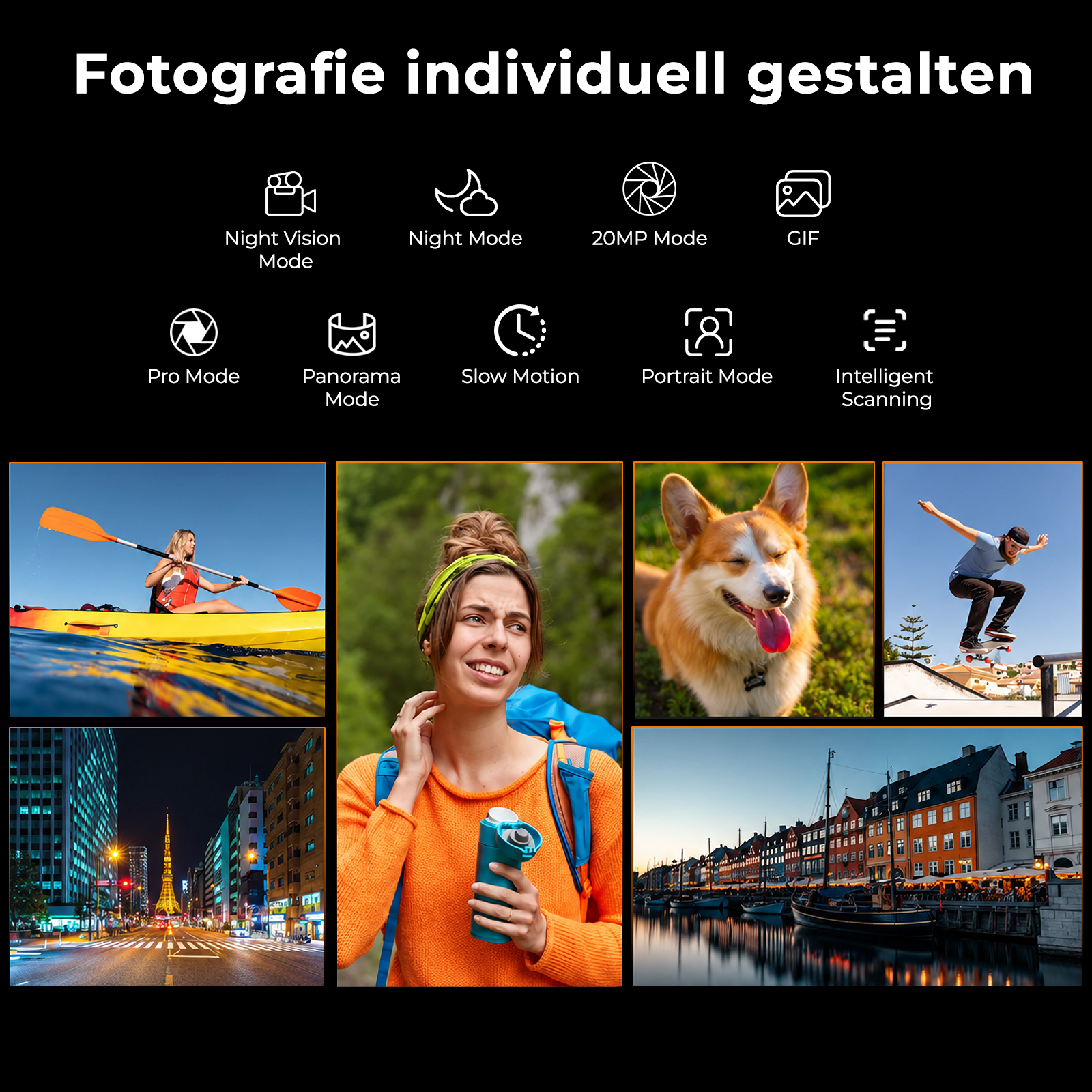 Eine Infografik mit Kameramodi, Symbolen und Beispielfotos wie einer Kajakfahrerin, einem Corgi und einer nächtlichen Stadt.