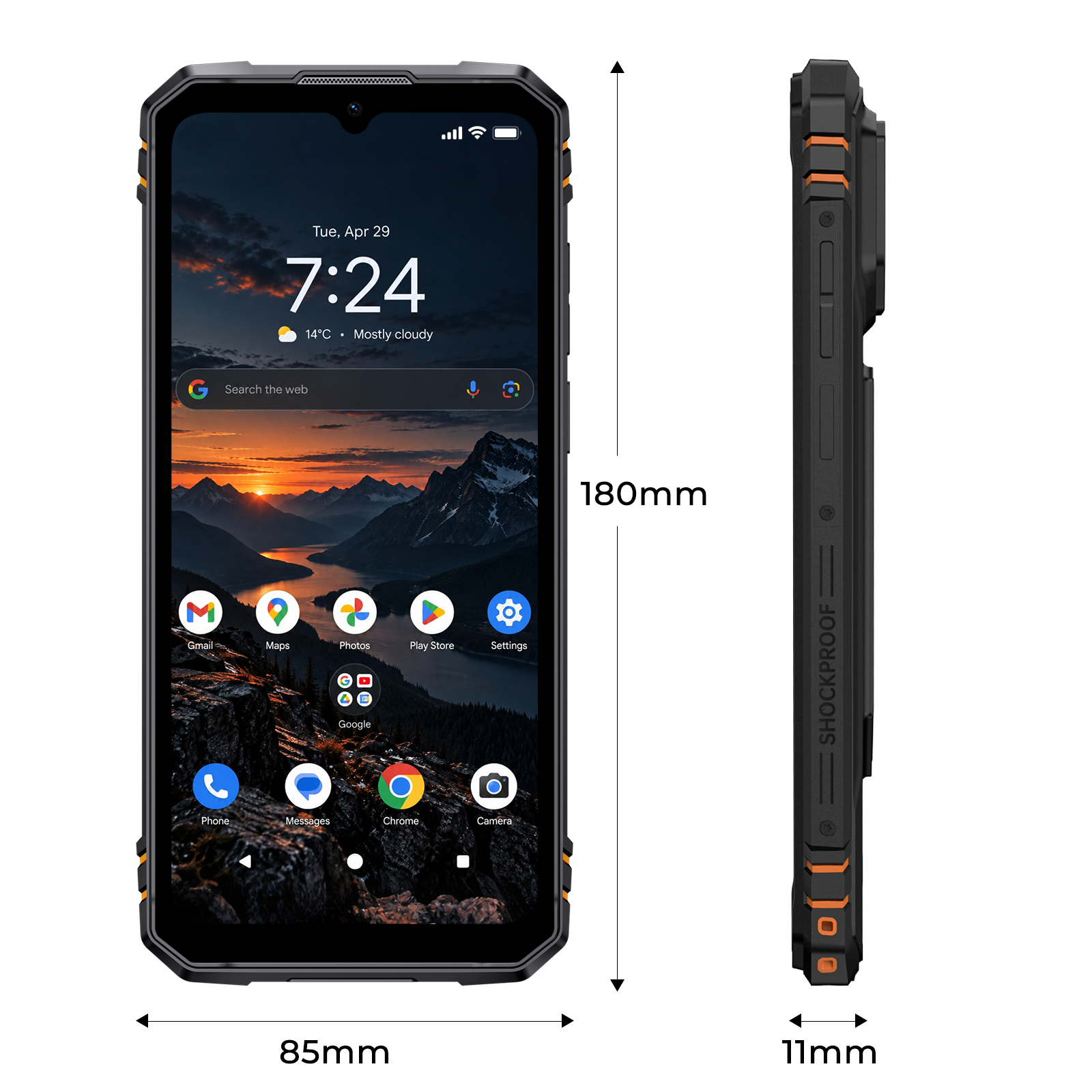 Front- und Seitenansicht eines robusten Smartphones mit Maßen von 180mm x 85mm x 11mm.