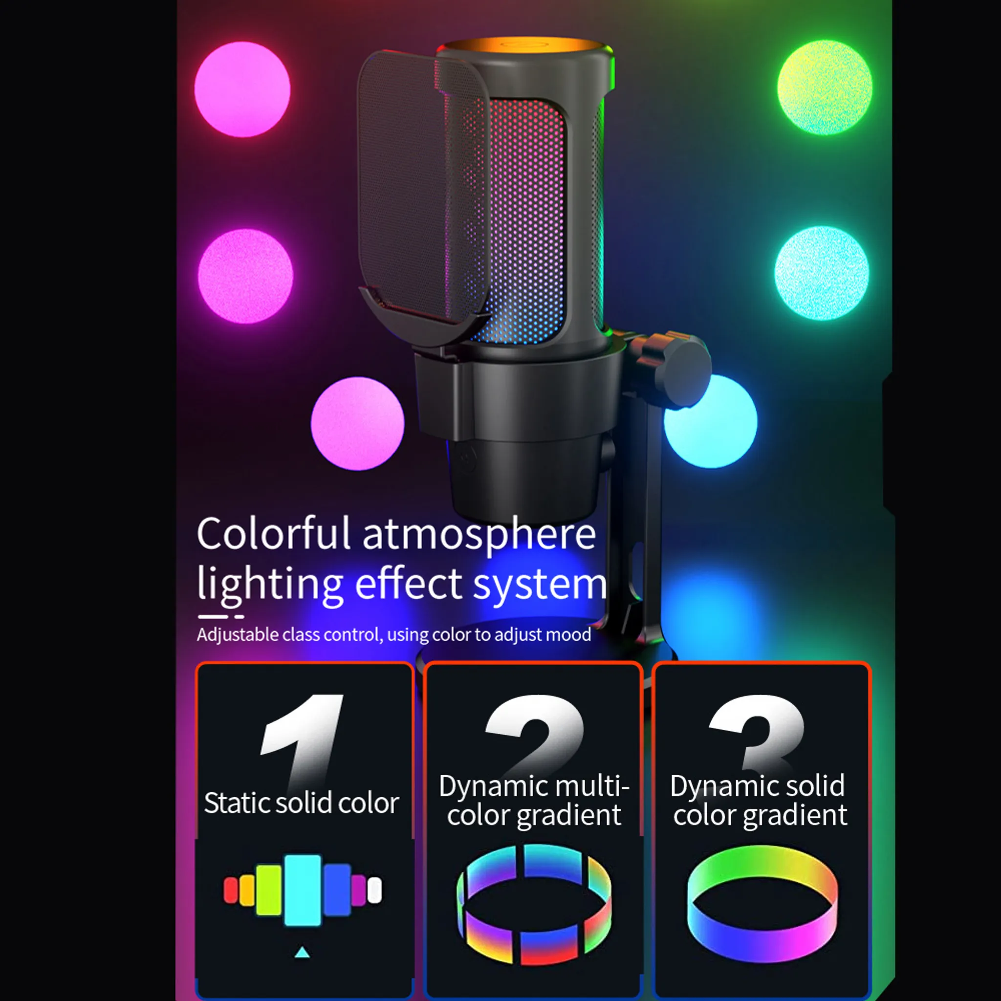 Ein schwarzes Mikrofon mit Pop-Schutz und bunten LED-Lichtern vor einem dunklen Hintergrund.