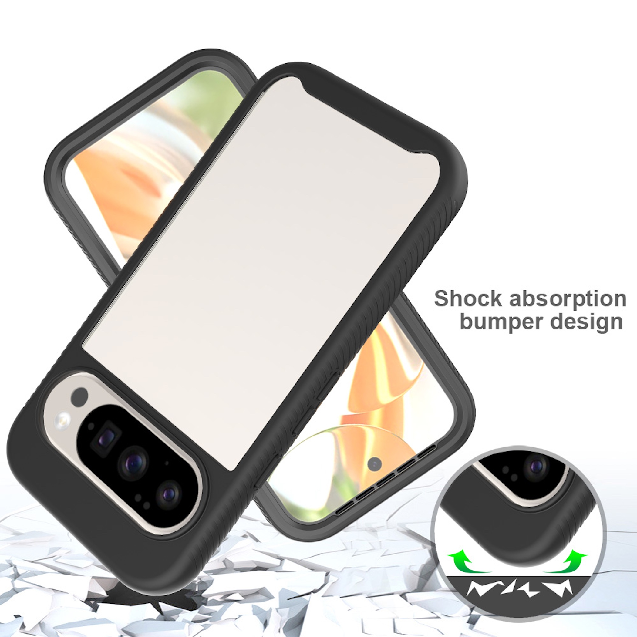 Zwei robuste schwarze Handyhüllen mit Stoßdämpfungs-Stoßstangendesign über einer rissigen weißen Oberfläche.