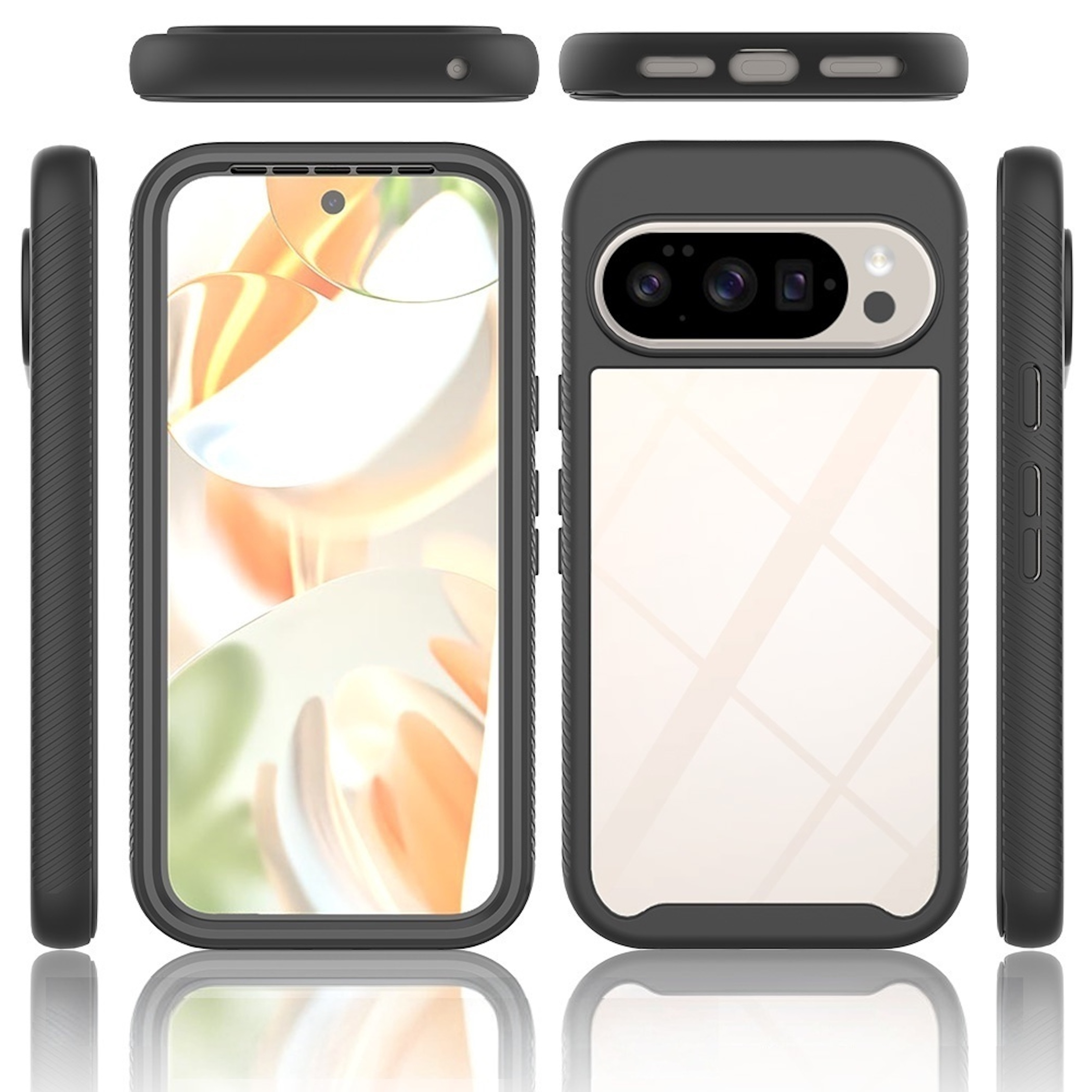 Mehrere Ansichten einer schwarzen Schutzhülle für ein Smartphone mit transparentem Rücken auf weißem Hintergrund.