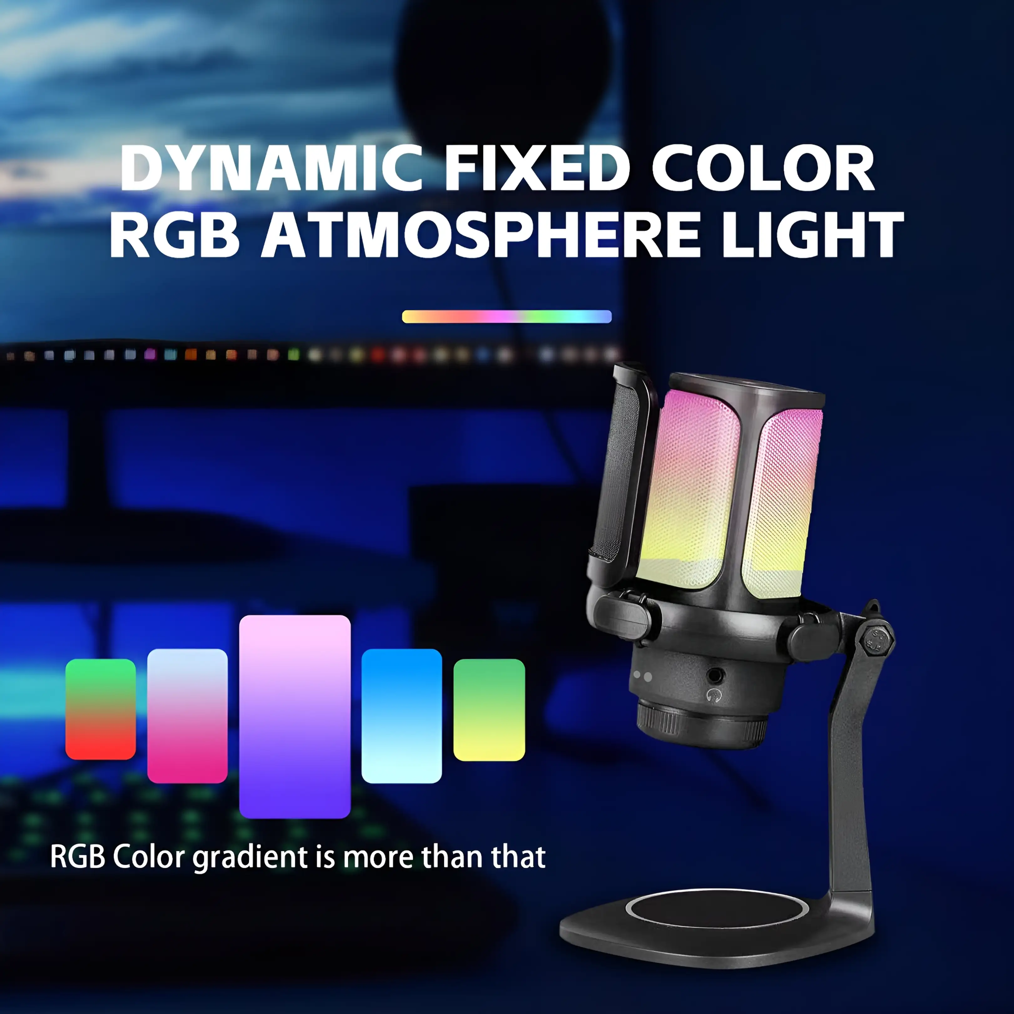 Ein schwarzes Mikrofon mit bunter RGB-Beleuchtung steht auf einem Schreibtisch.