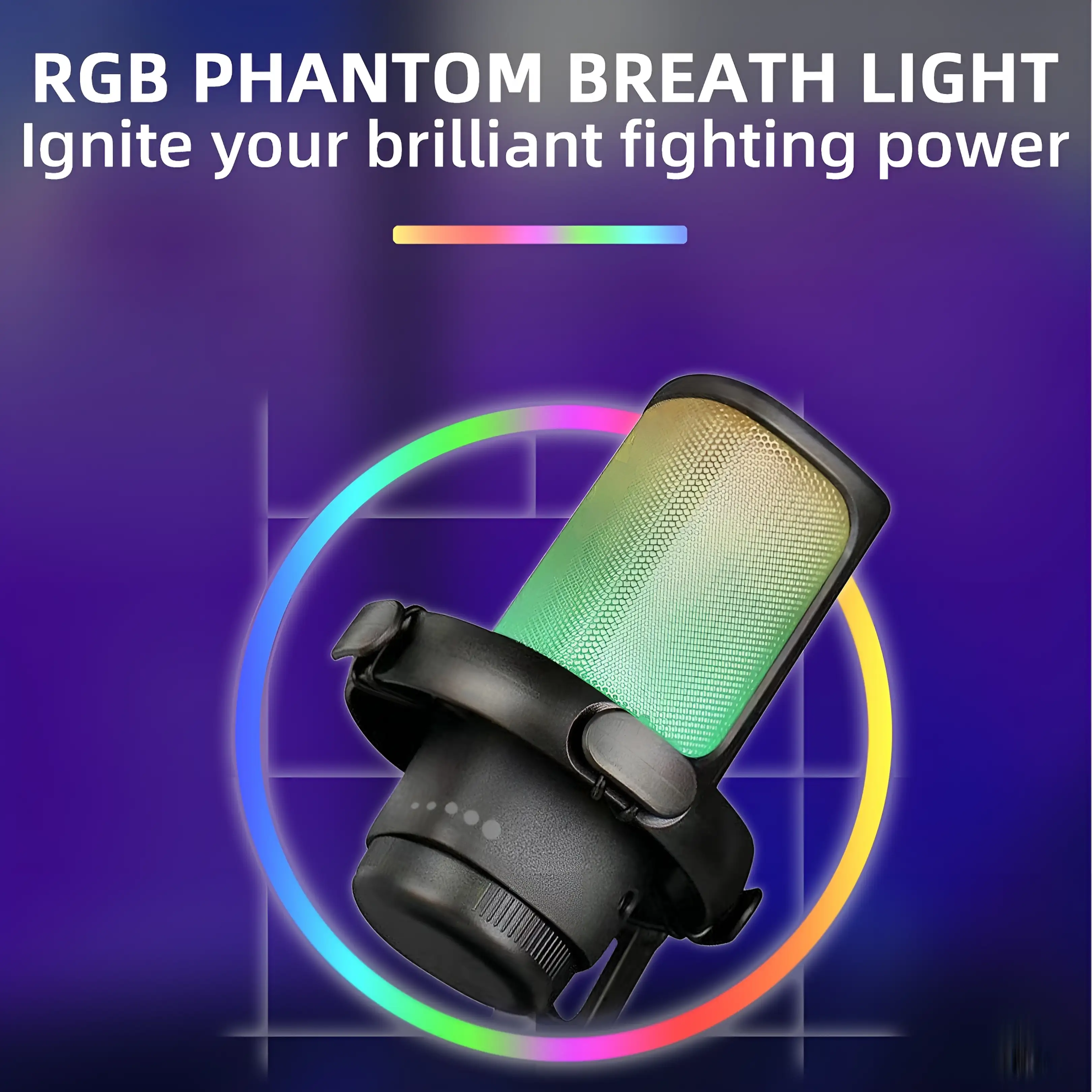 RGB-Gaming-Mikrofon mit bunt leuchtenden Lichtern vor violettem Hintergrund und Werbetext.