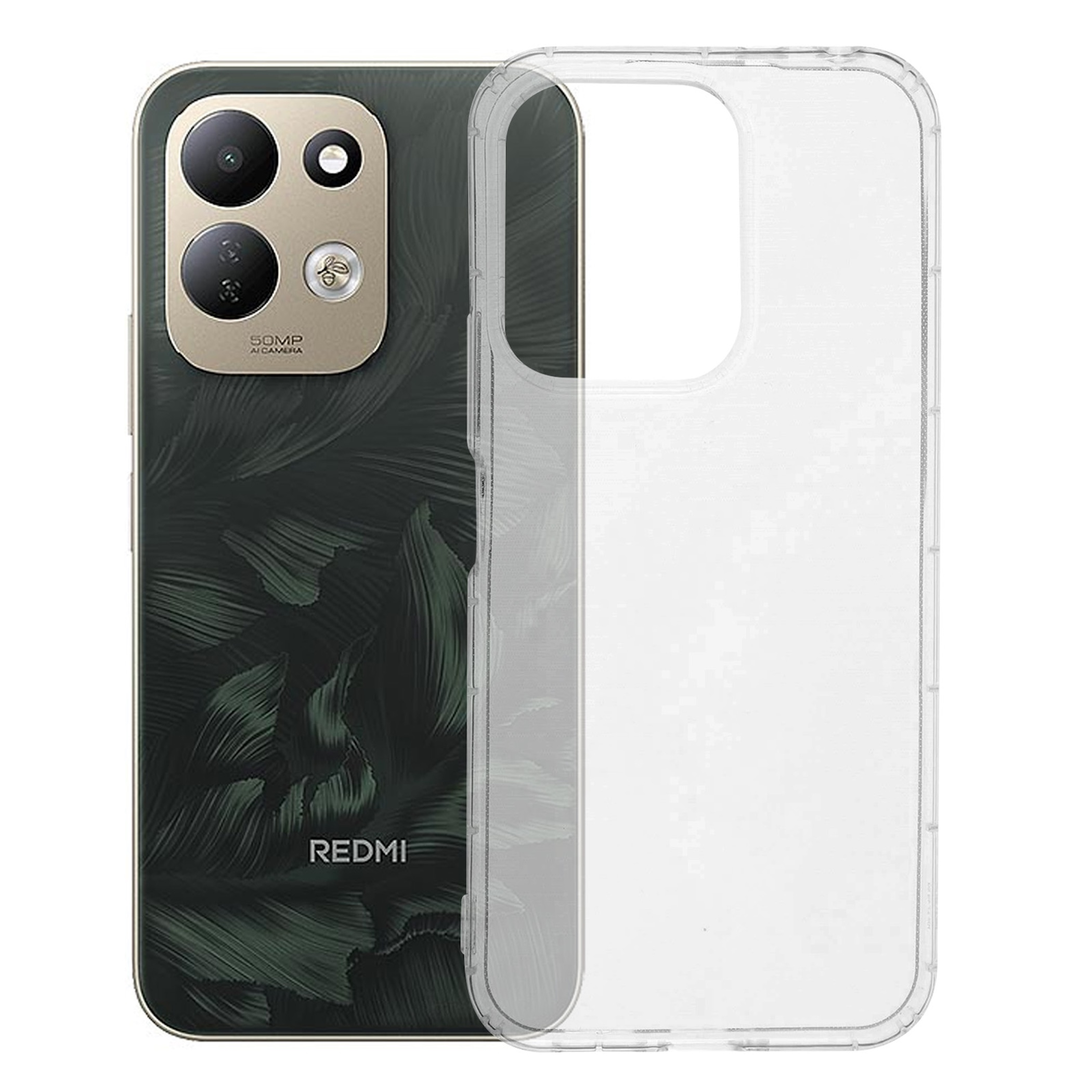 Grünes Redmi Smartphone mit Blattmuster und transparenter Hülle daneben.