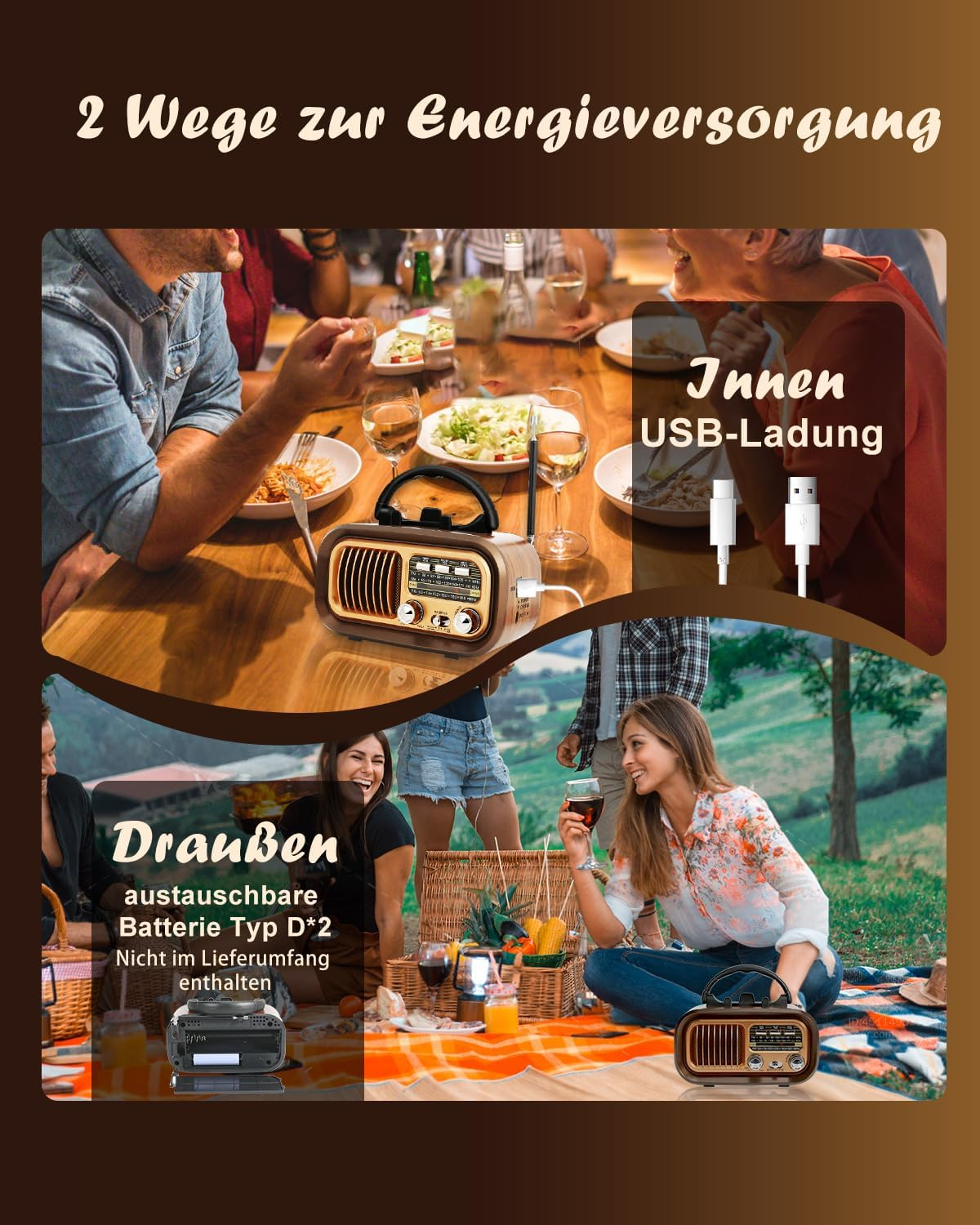 Retro-Radio mit zwei Stromversorgungsoptionen: USB-Ladung innen und Batterien draußen.