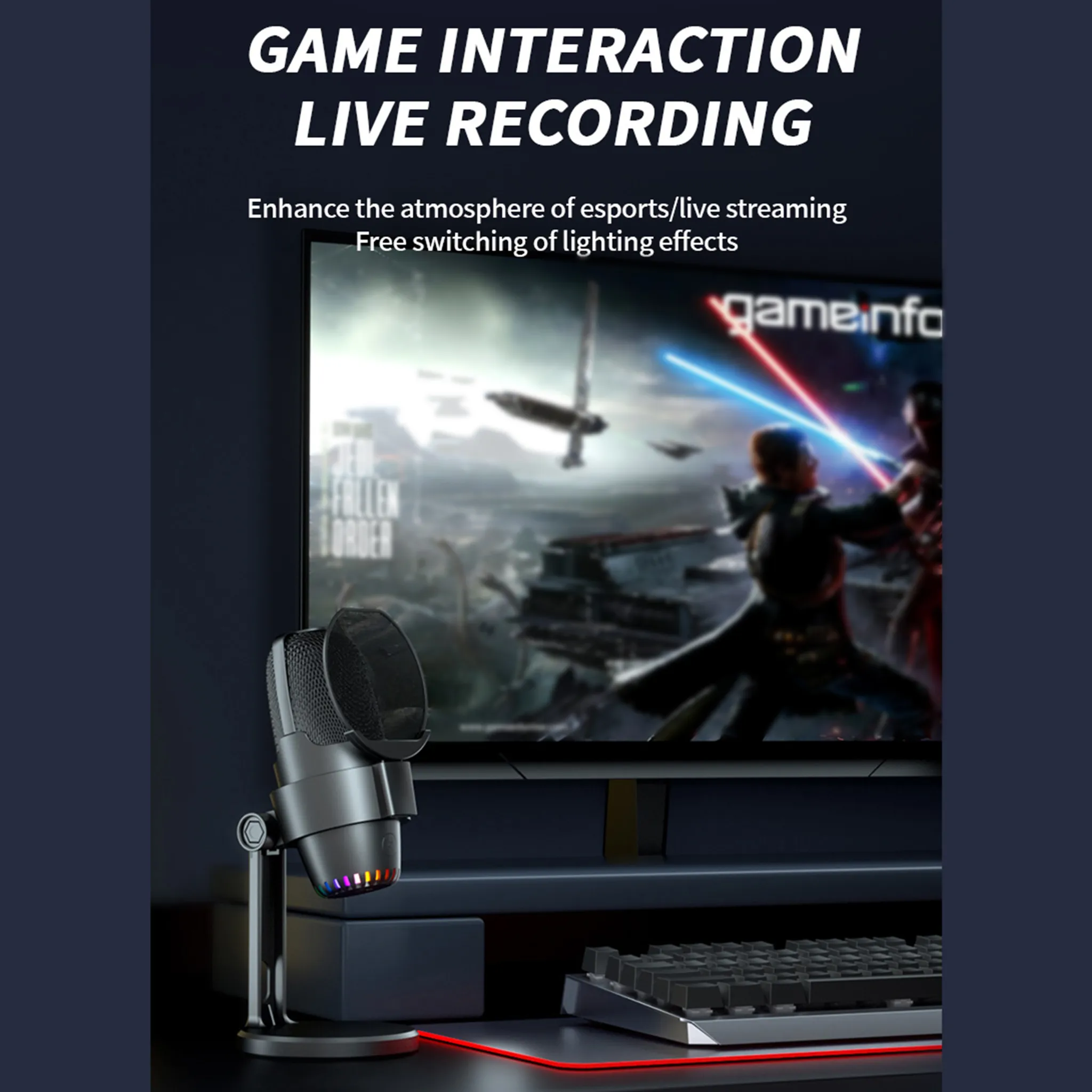 Ein RGB-Mikrofon steht vor einem Monitor, der ein Videospiel zeigt, mit Text über Game-Interaktion und Live-Aufnahme.