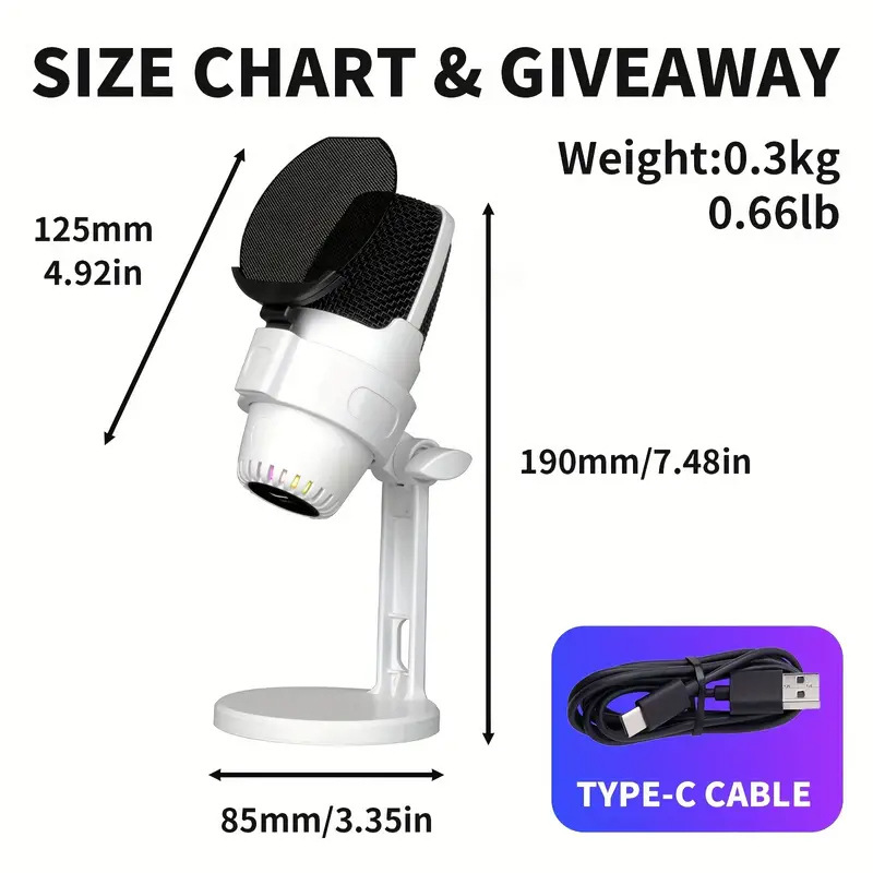 Größentabelle für ein weißes USB-Mikrofon mit Ständer und Typ-C-Kabel.
