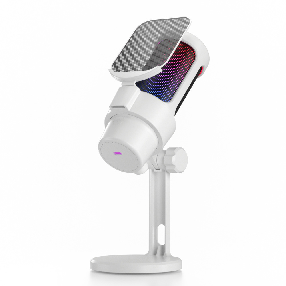 Weißes USB-Mikrofon mit RGB-Beleuchtung, Pop-Filter und Ständer auf weißem Hintergrund.