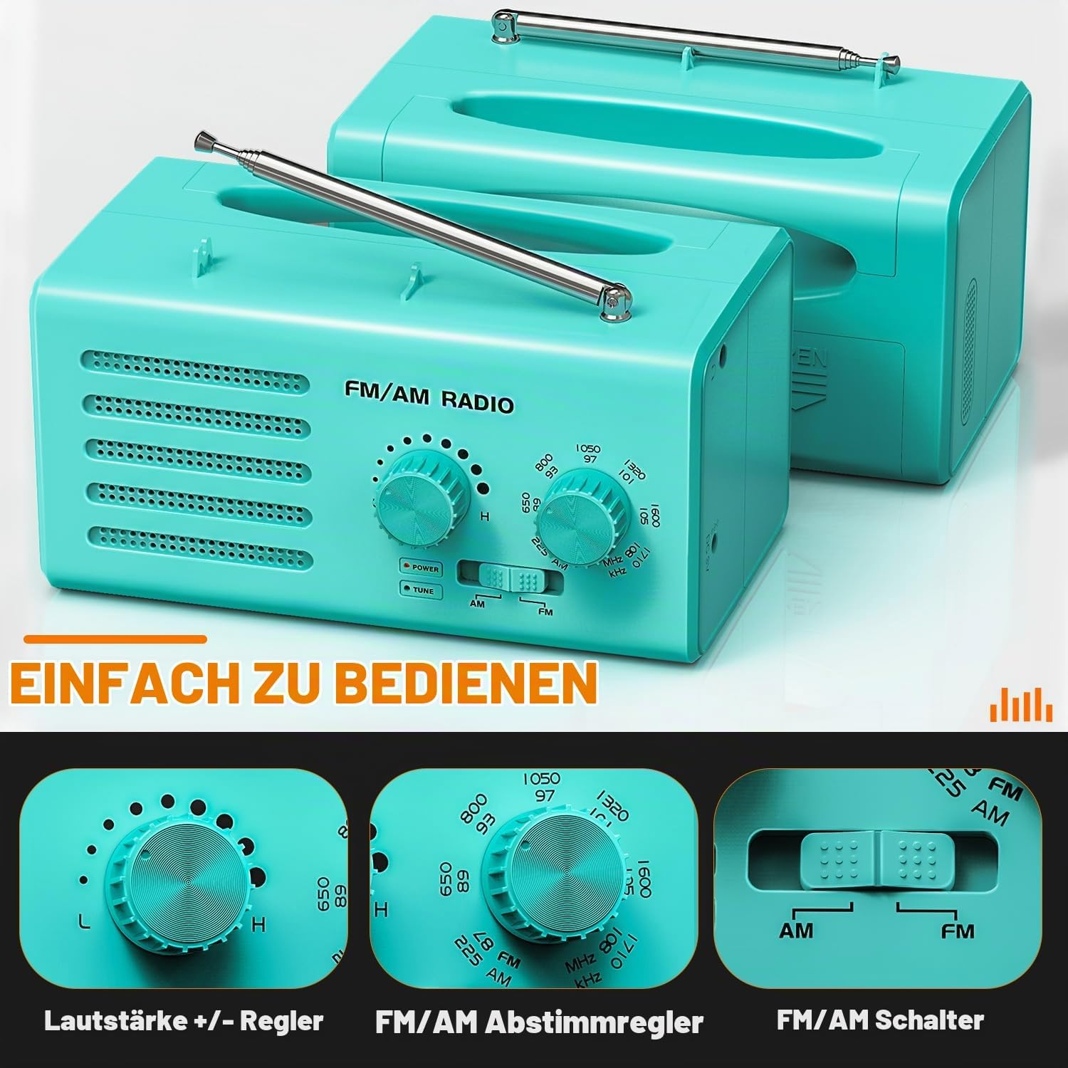 Zwei türkisfarbene FM/AM-Radios mit ausziehbaren Antennen und Bedienelementen, darunter Lautstärke- und Abstimmregler.
