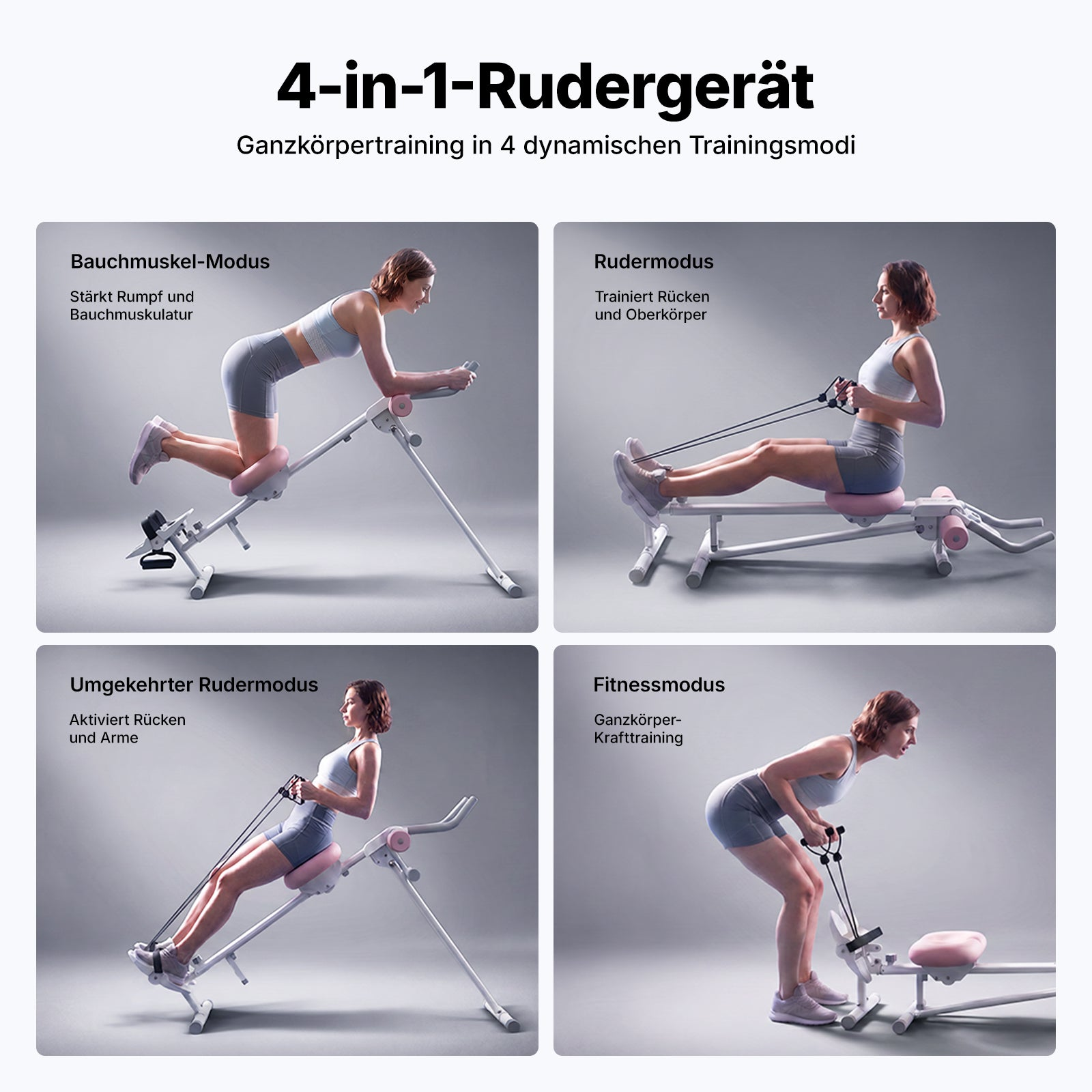 Ein 4-in-1-Rudergerät wird von einer Frau in vier verschiedenen Trainingsmodi vorgeführt.
