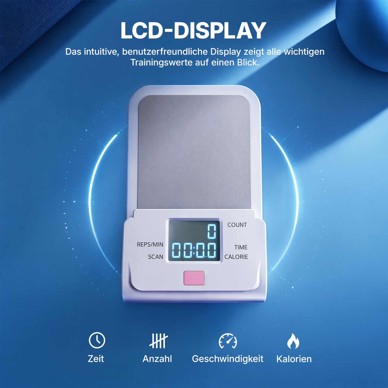 Ein weißes LCD-Display mit blauer Hintergrundbeleuchtung und Symbolen für Zeit, Anzahl, Geschwindigkeit und Kalorien.