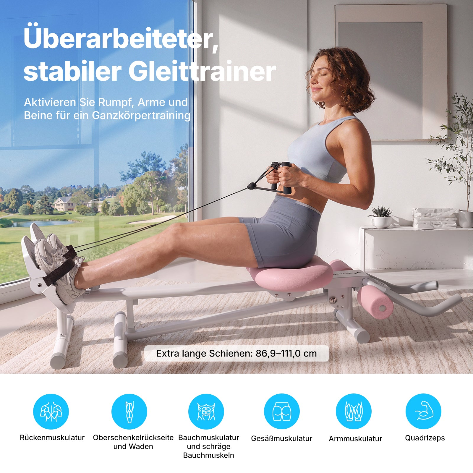 Frau trainiert auf weiß-rosa Gleittrainer vor großem Fenster mit Blick ins Grüne.