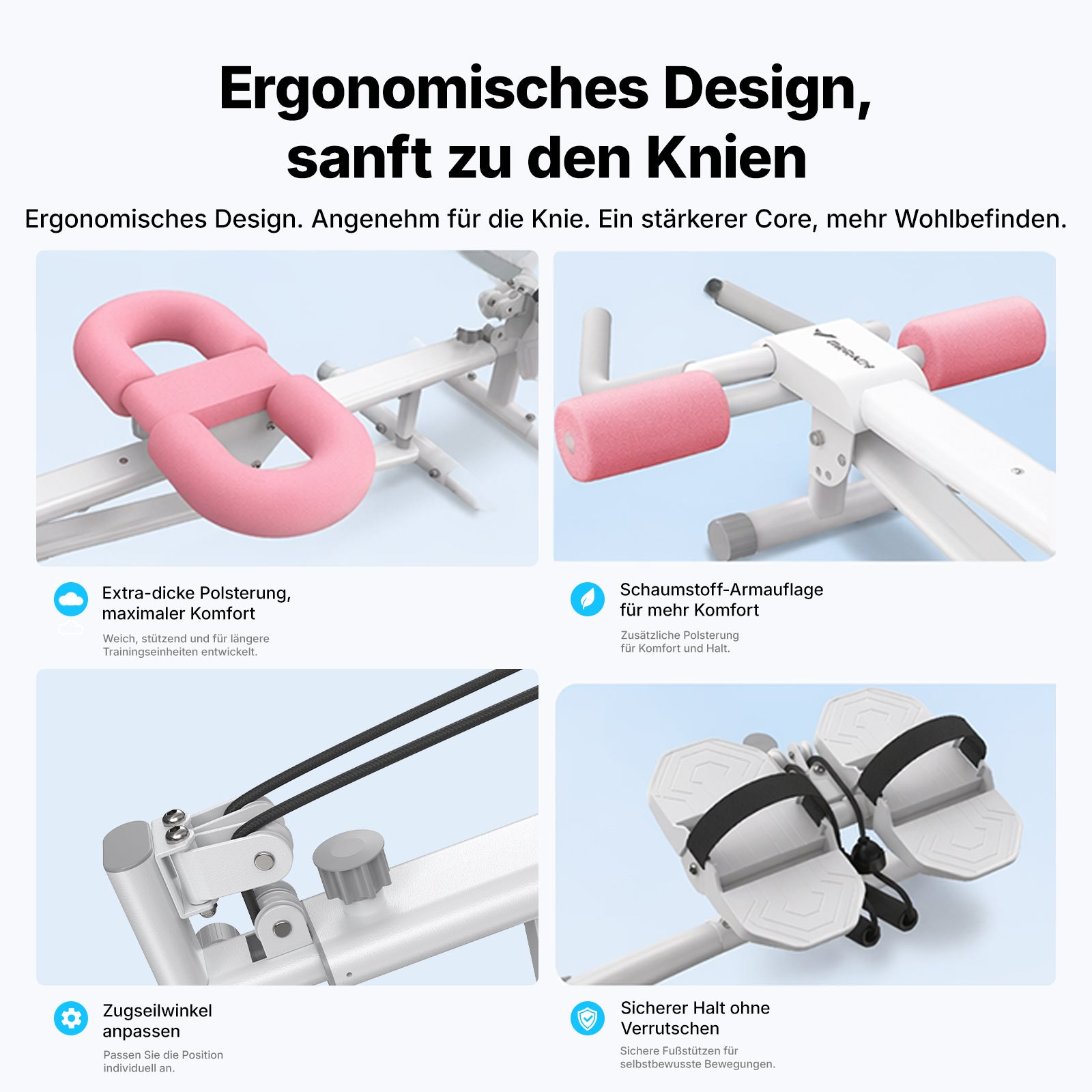 Fitnessgerät mit ergonomischem Design, rosafarbenen Polstern, verstellbaren Seilen und sicheren Fußstützen.