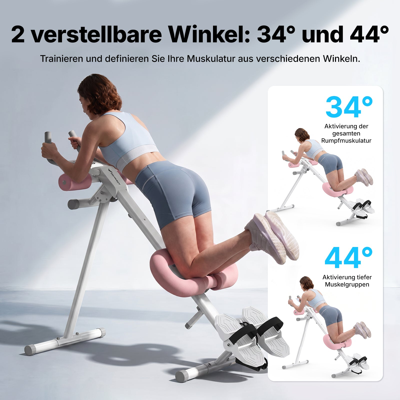 Frau trainiert auf einem weiss-rosafarbenen Fitnessgerät mit zwei Winkeln von 34 und 44 Grad.