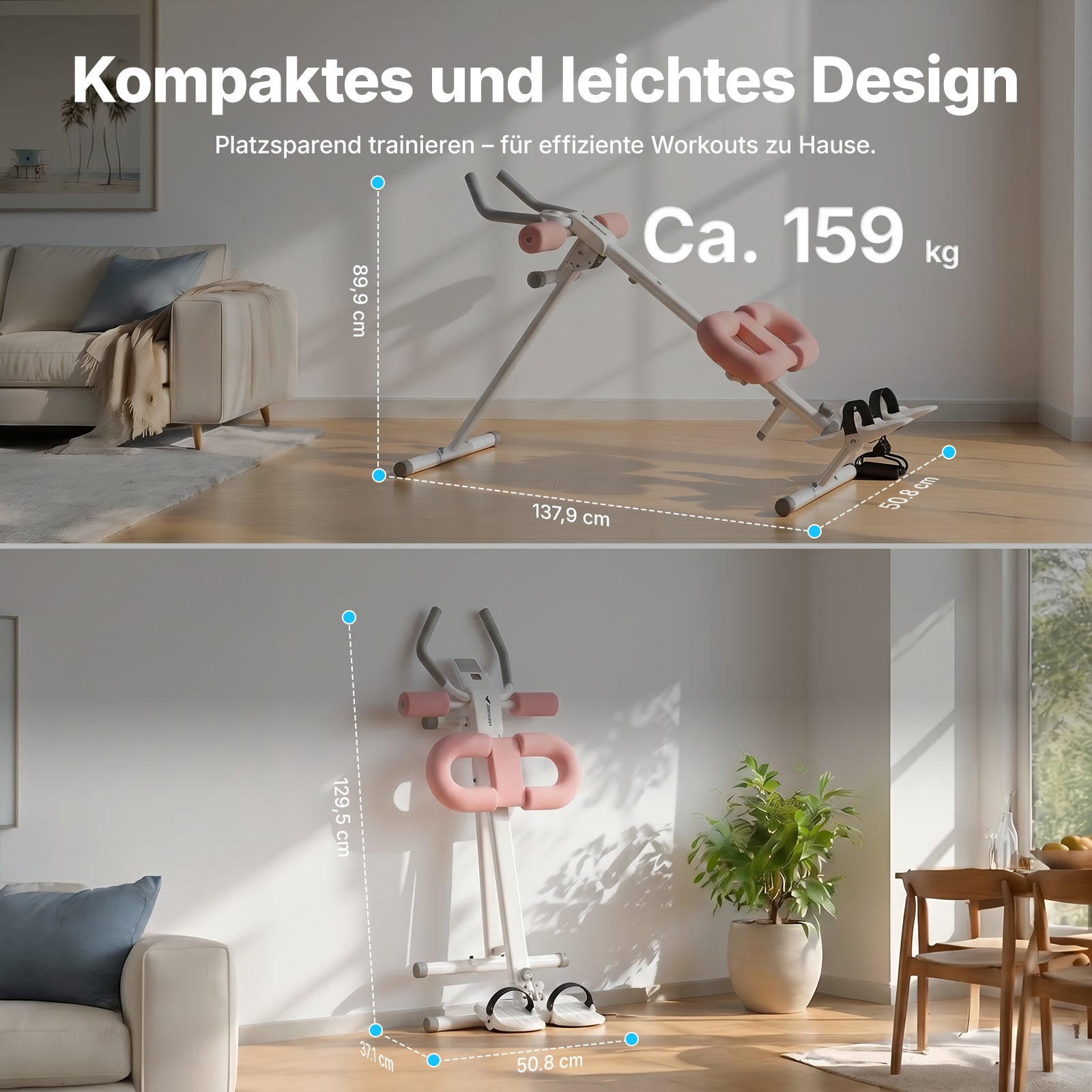 Heimtrainer mit Maßen in einem Wohnzimmer; oben in Gebrauch, unten zusammengeklappt.
