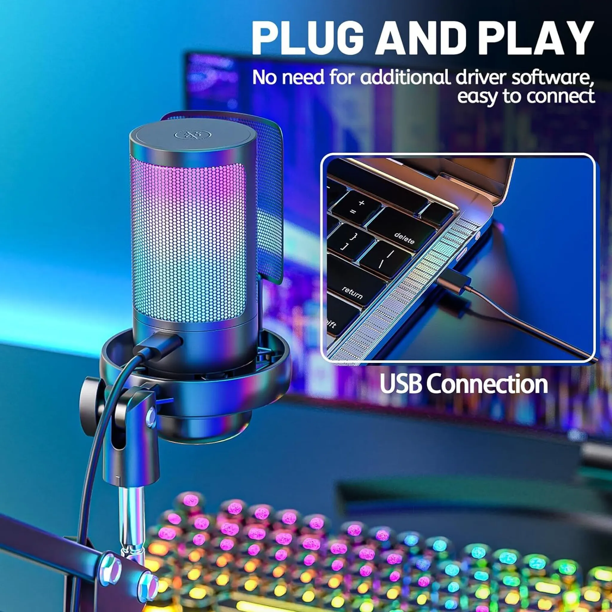 Ein beleuchtetes USB-Mikrofon mit Ständer und Laptop im Hintergrund.