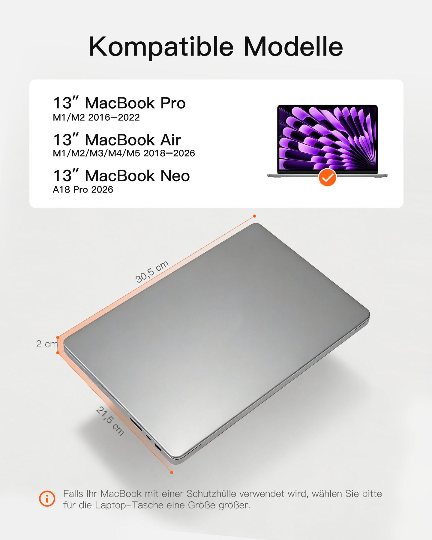 Laptop-Größentabelle mit Maßen und kompatiblen 13-Zoll-MacBook-Modellen.