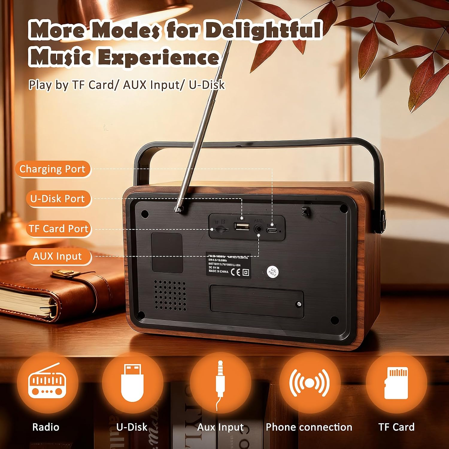 Rückansicht eines Retro-Holzradios mit Lade-, U-Disk-, TF-Karten- und AUX-Anschlüssen sowie Textüberlagerungen.