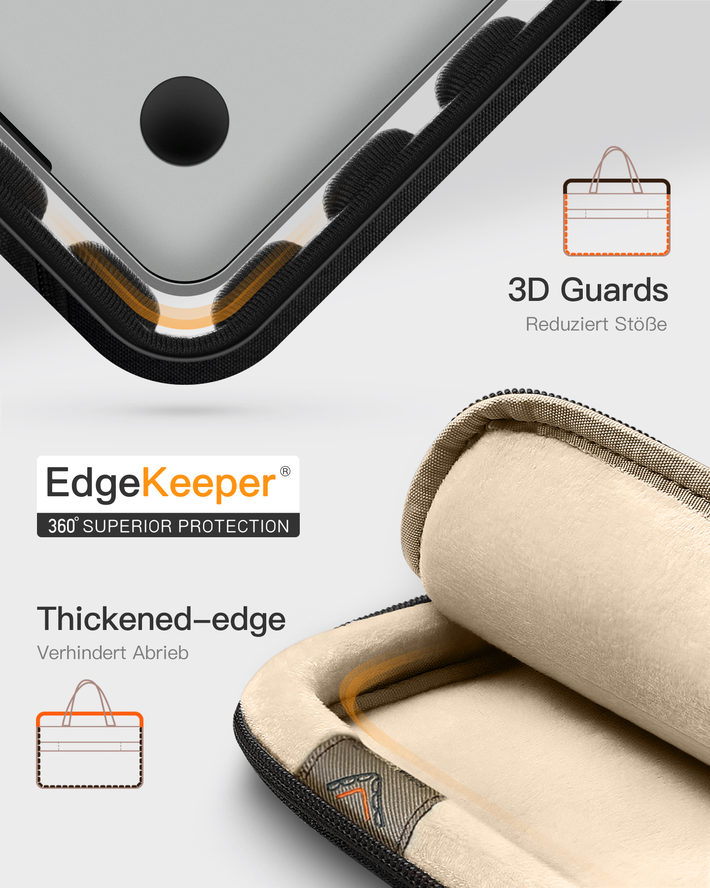 Nahaufnahme einer Laptoptasche mit schützenden EdgeKeeper-Eckschützern und gepolstertem Innenraum.