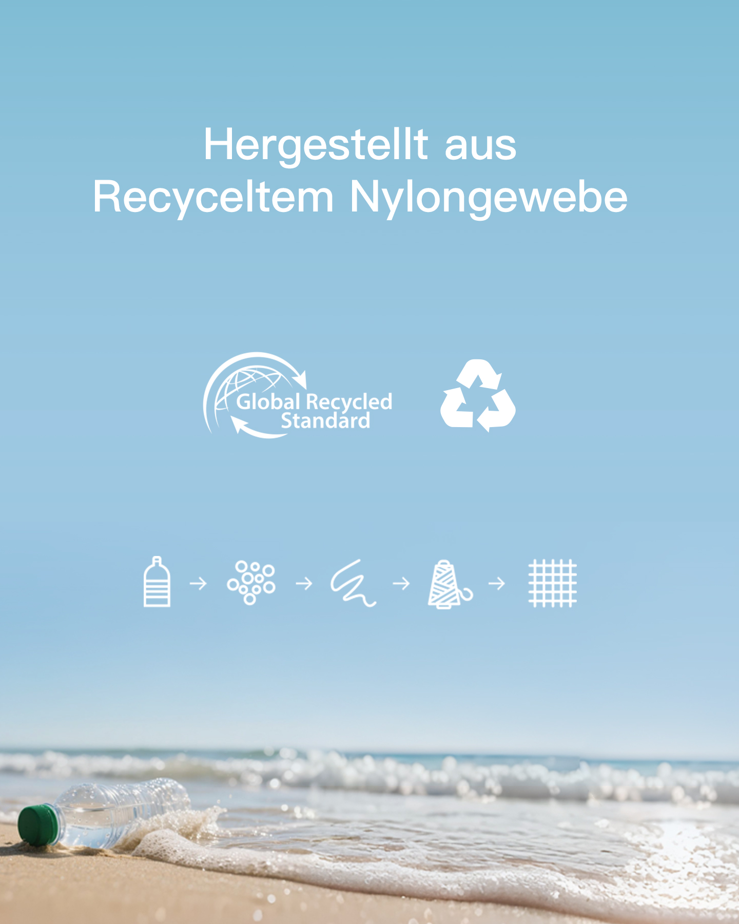 Hergestellt aus recyceltem Nylongewebe. Text, Icons und eine Plastikflasche am Strand.