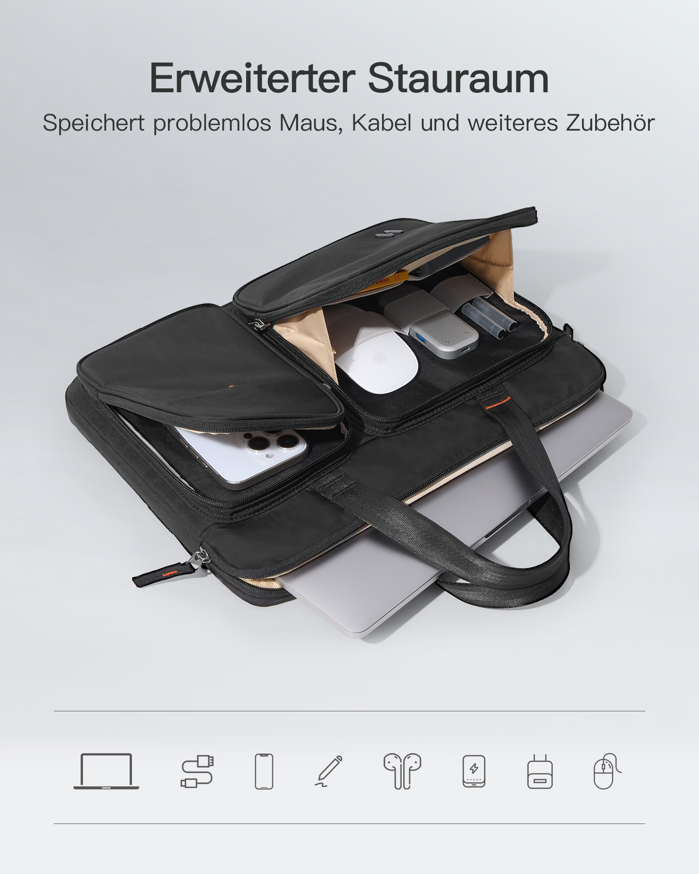 Schwarze Laptoptasche mit geöffneten Fächern für Zubehör, Smartphone und Laptop.