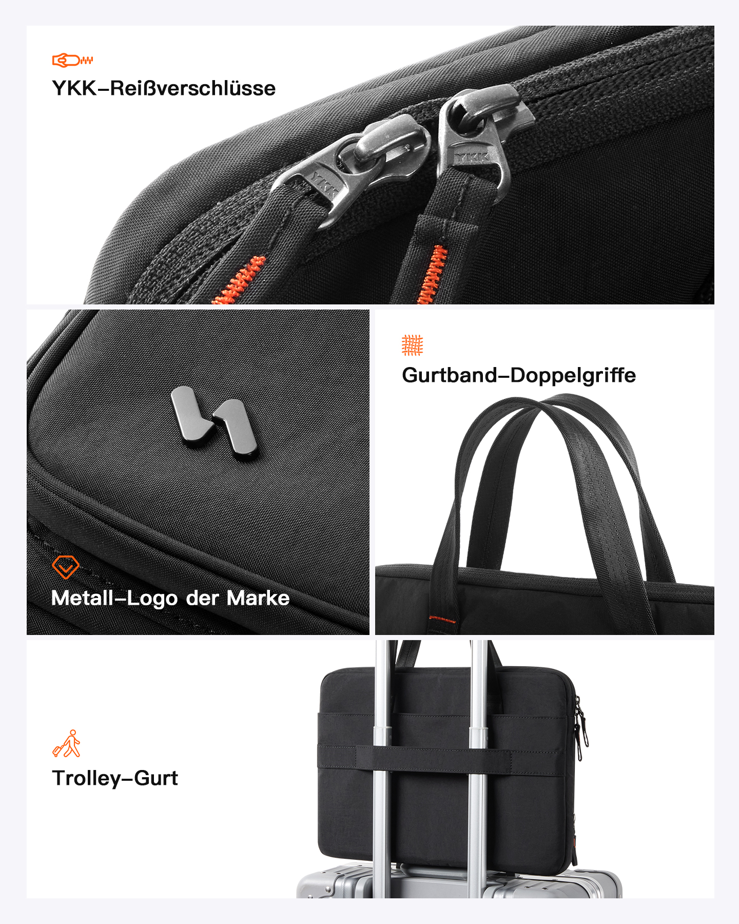 Details einer schwarzen Tasche: YKK-Reißverschlüsse, Metalllogo, Doppelgriffe und Trolley-Gurt.