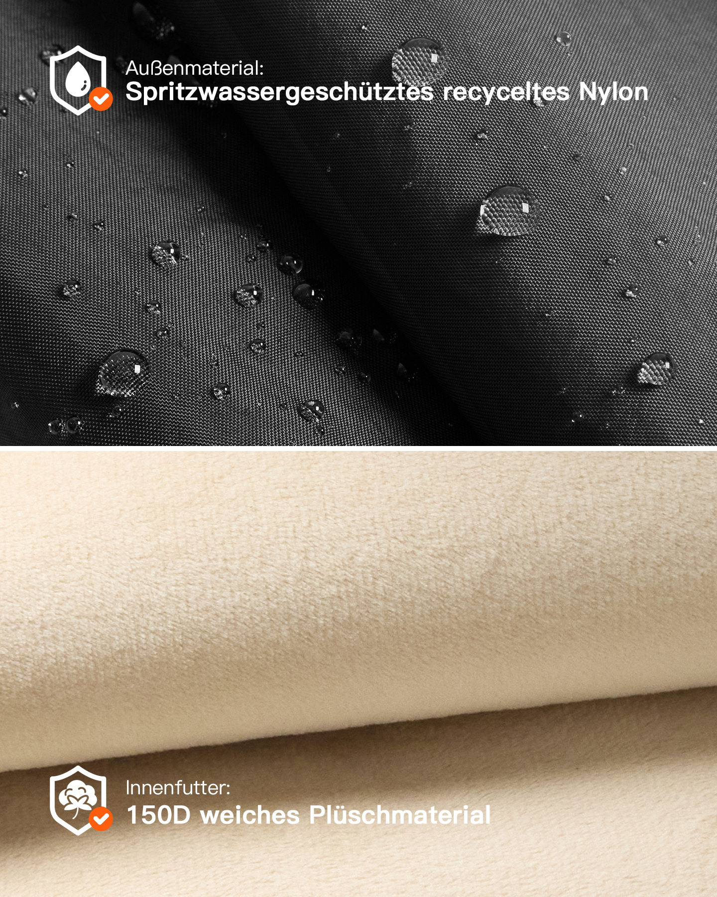 Geteilter Bildschirm zeigt schwarzes, wasserabweisendes Nylon mit Wassertropfen und beiges, weiches Plüschmaterial.