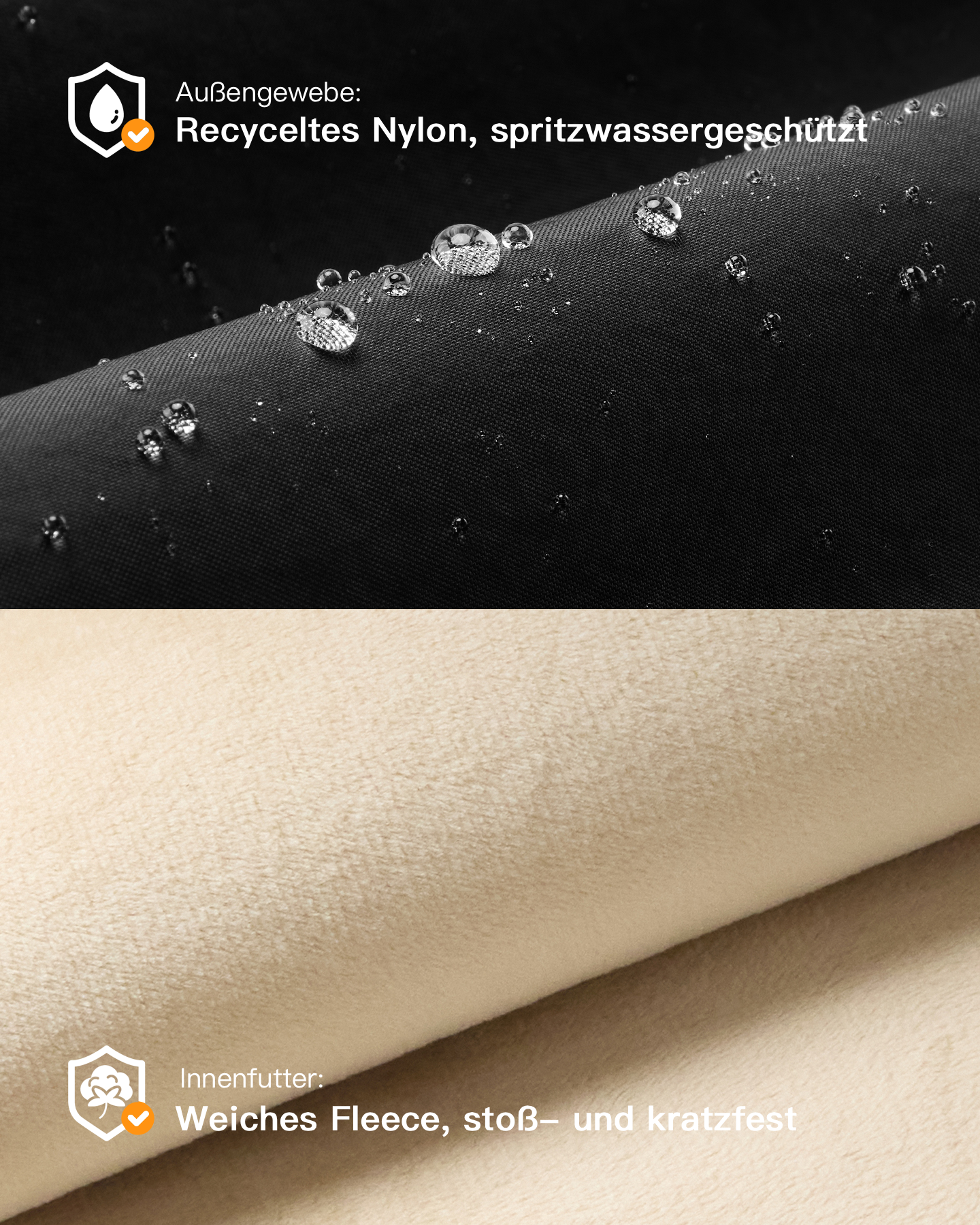 Wasserdichtes recyceltes Nylon außen und weiches, kratzfestes Fleece innen.